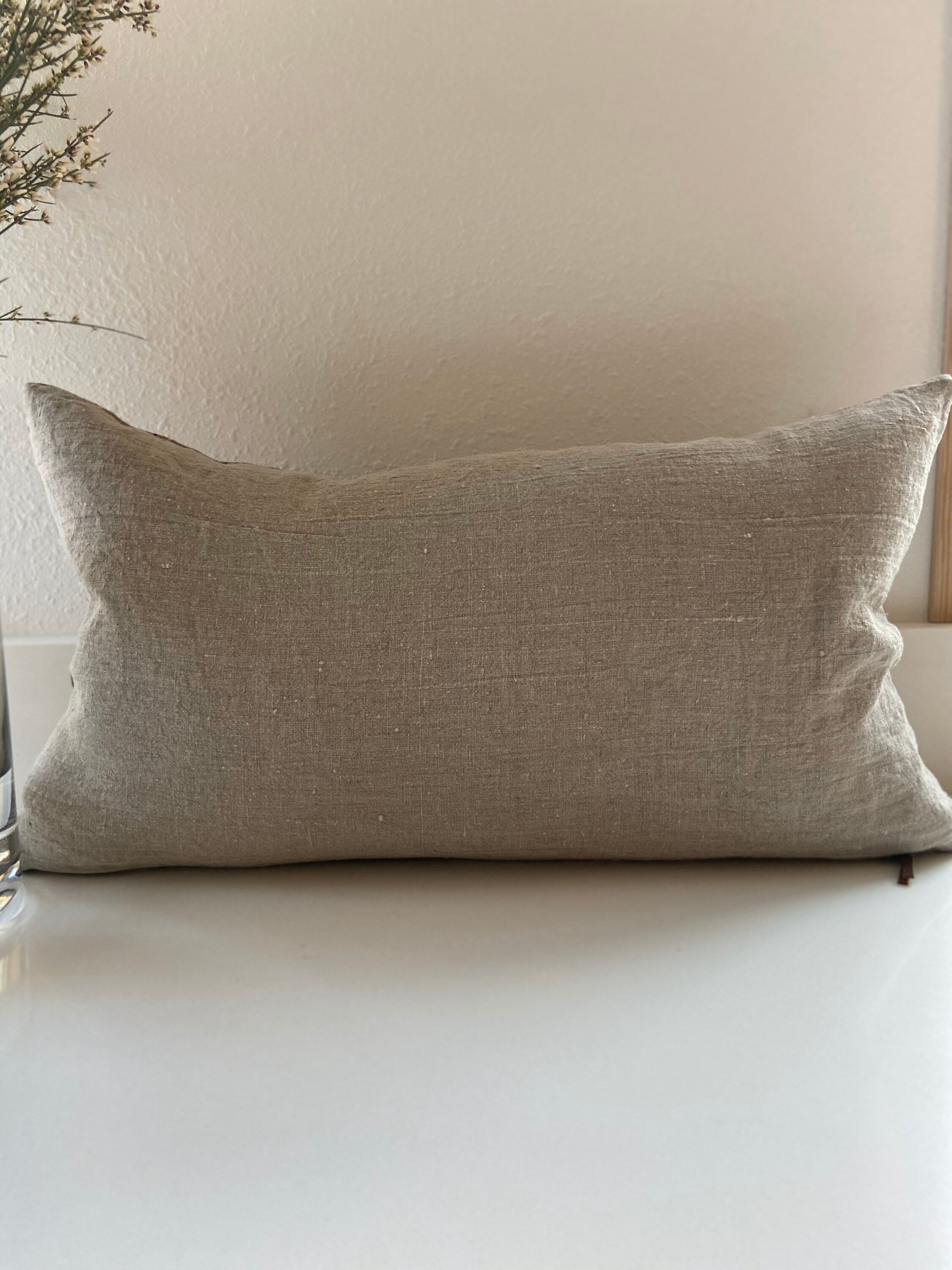 Tan white black striped tan linen lumbar pillow cover exposed zipper-leather pull 14x24 20"22"24" high quality neutral Linen backing