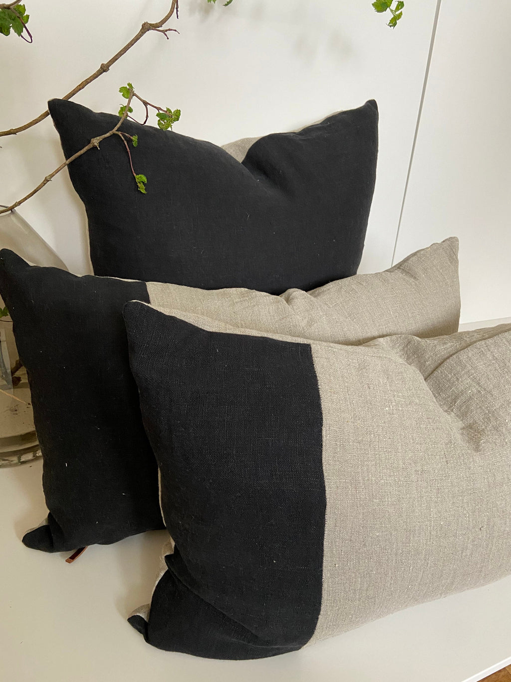 Black linen pillow cover 100% linen exposed zipper-leather pull 20x20” 22x22" 24x24”or 14x24” housewarming gift