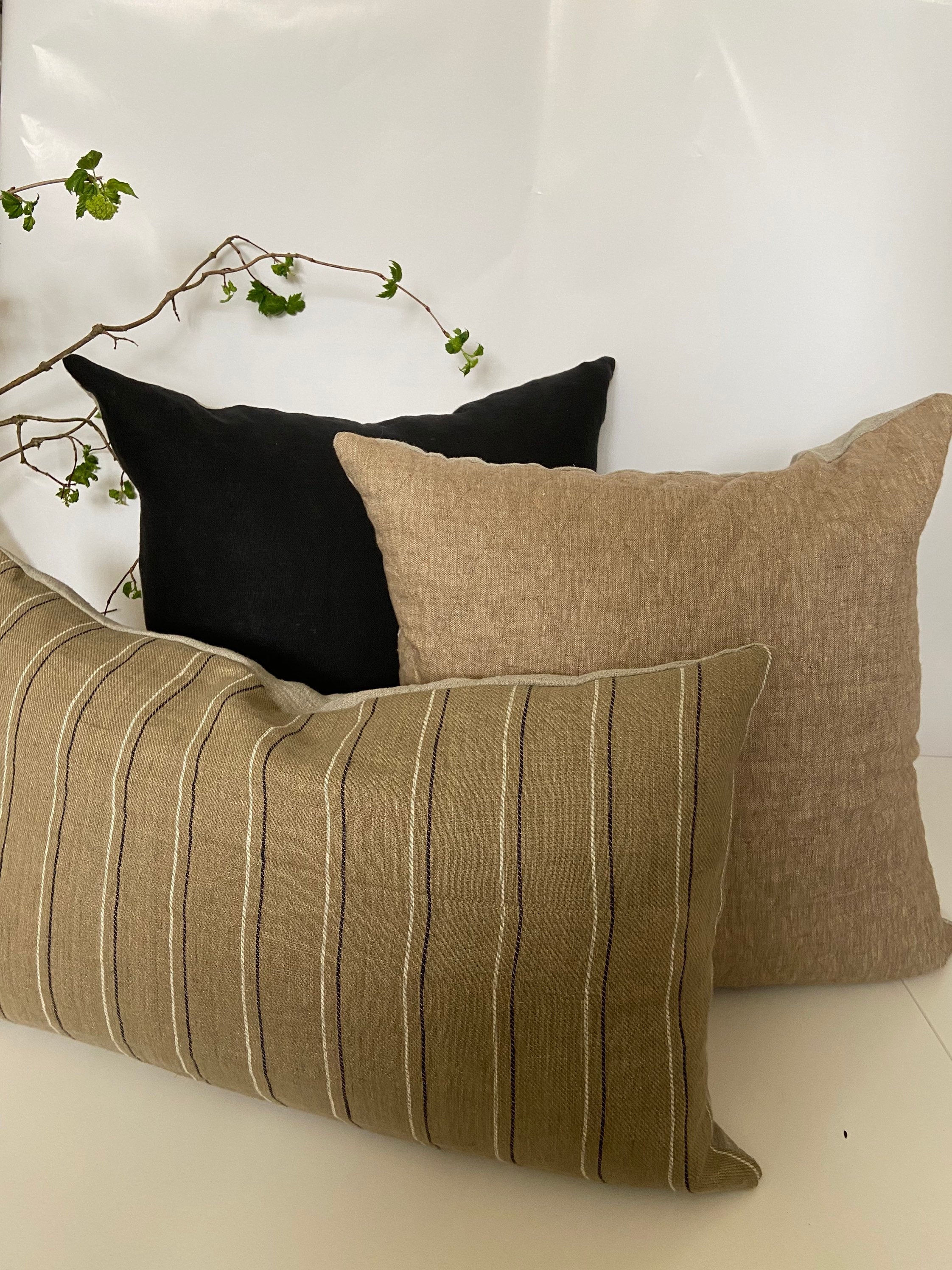 Tan white black striped tan linen lumbar pillow cover exposed zipper-leather pull 14x24 20"22"24" high quality neutral Linen backing