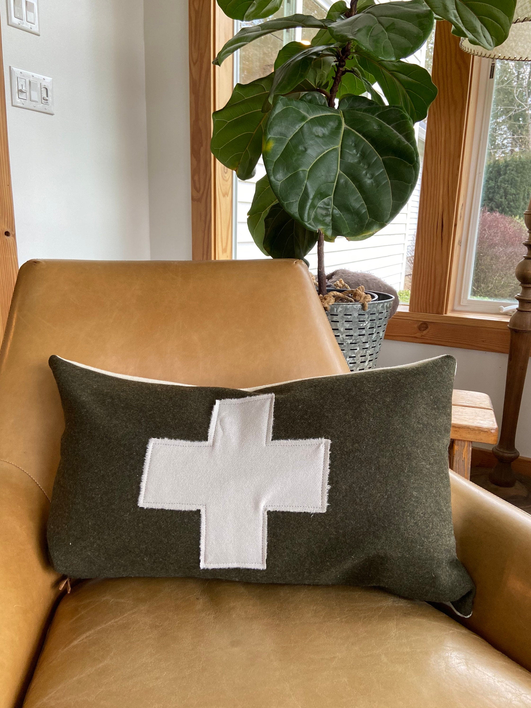 Swisscross pillow cover army green with cream swisscross exposed zipper-leather pull 20x20 or 24x14 lumbar handmade