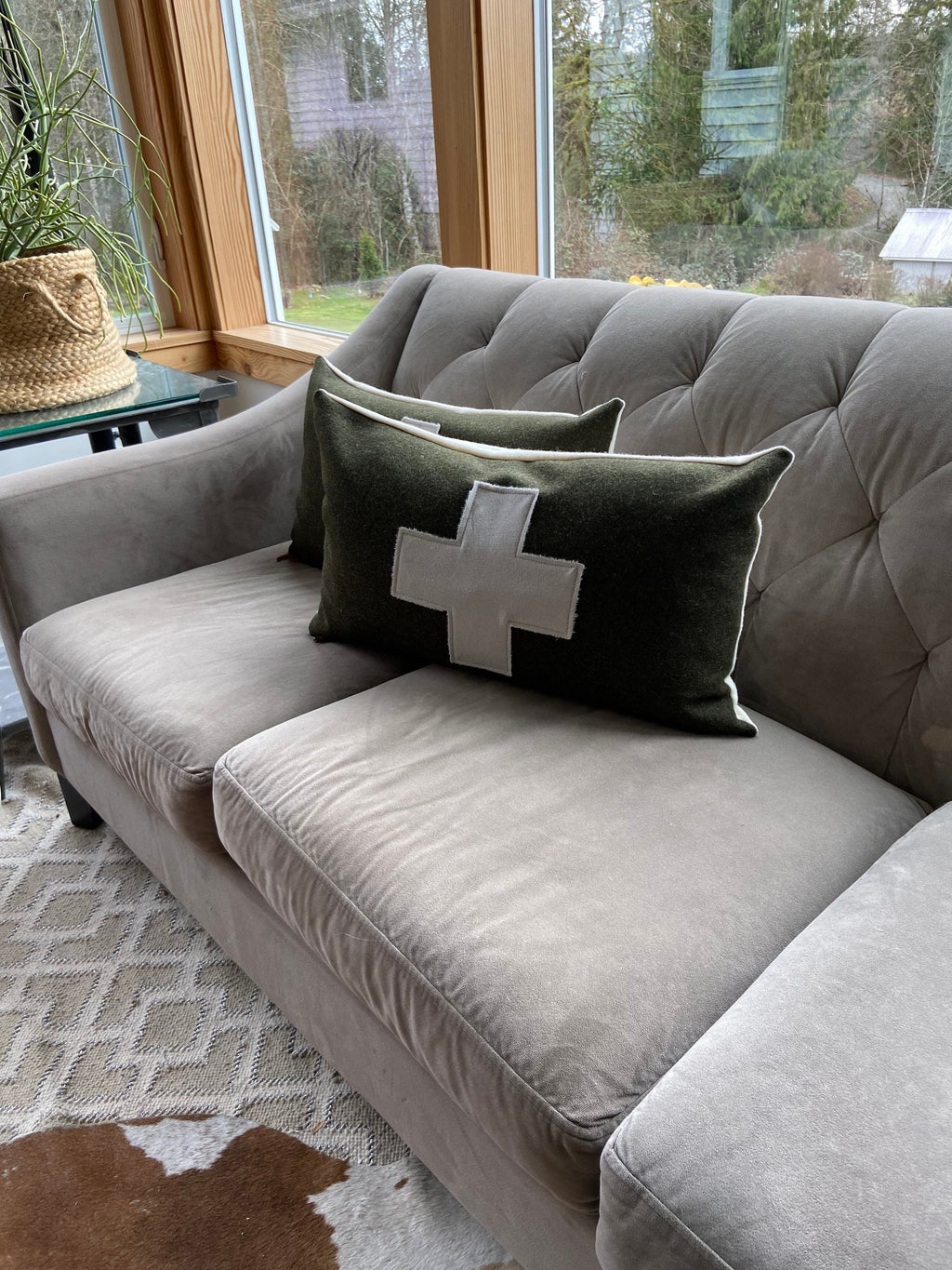 Swisscross pillow cover black with cream cross exposed zipper-leather pull 20x20 or 24x14 lumbar made with black wool