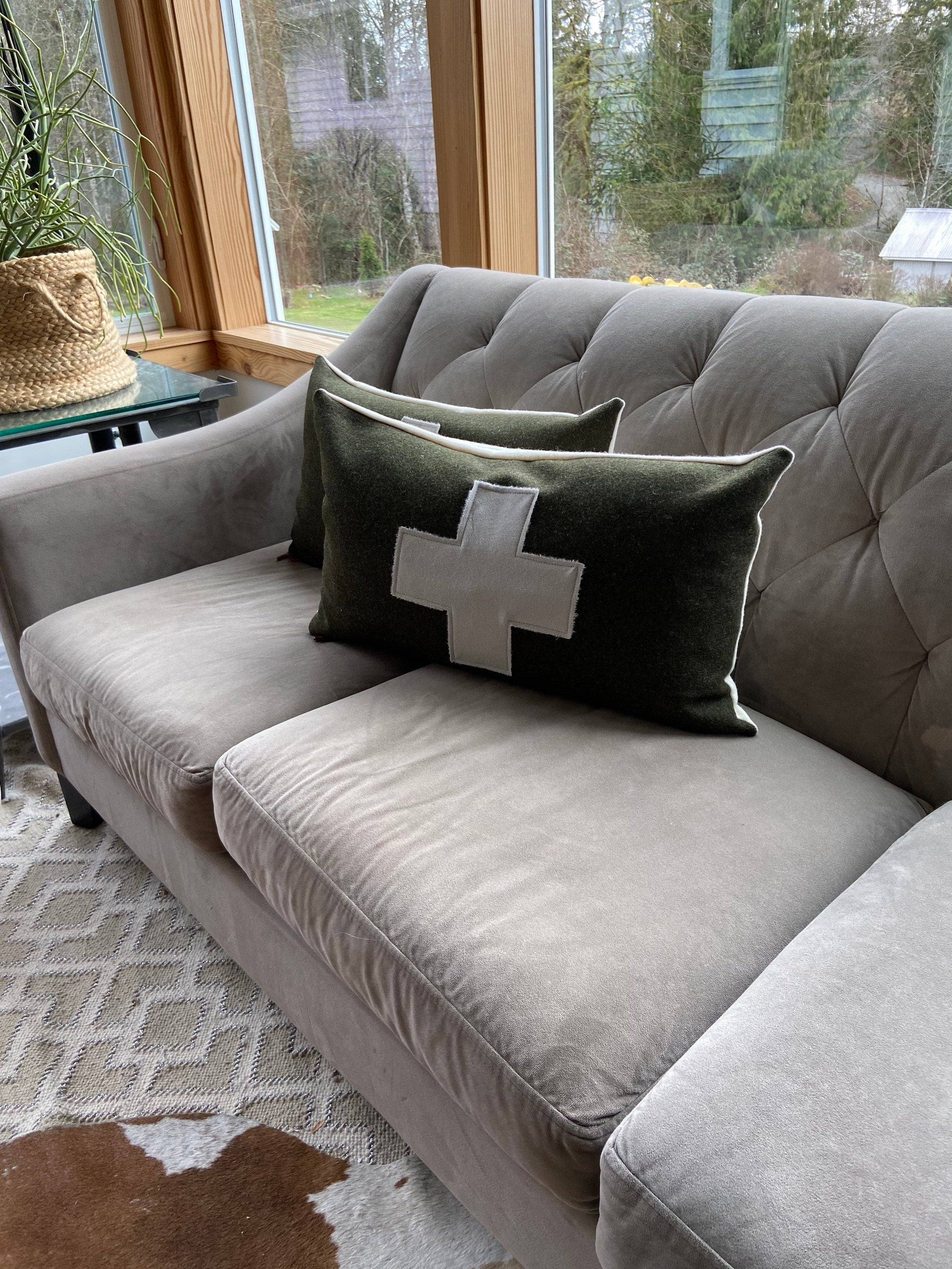 Swisscross pillow cover army green with cream swisscross exposed zipper-leather pull 20x20 or 24x14 lumbar handmade