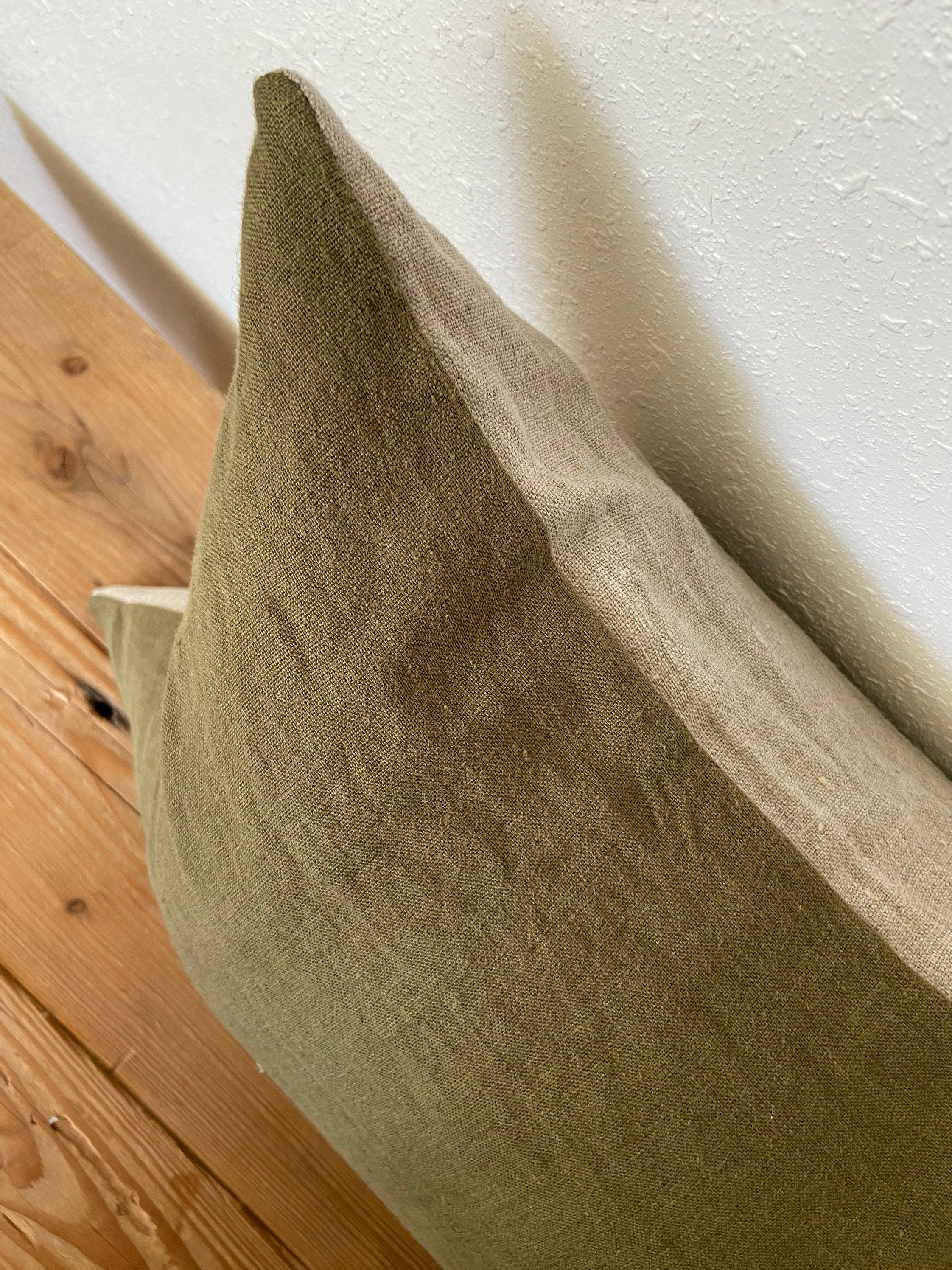 Luxury olive green linen pillow cover with neutral linen backing | exposed zipper-leather pull 20"22"24" 14x24 handcrafted by misa