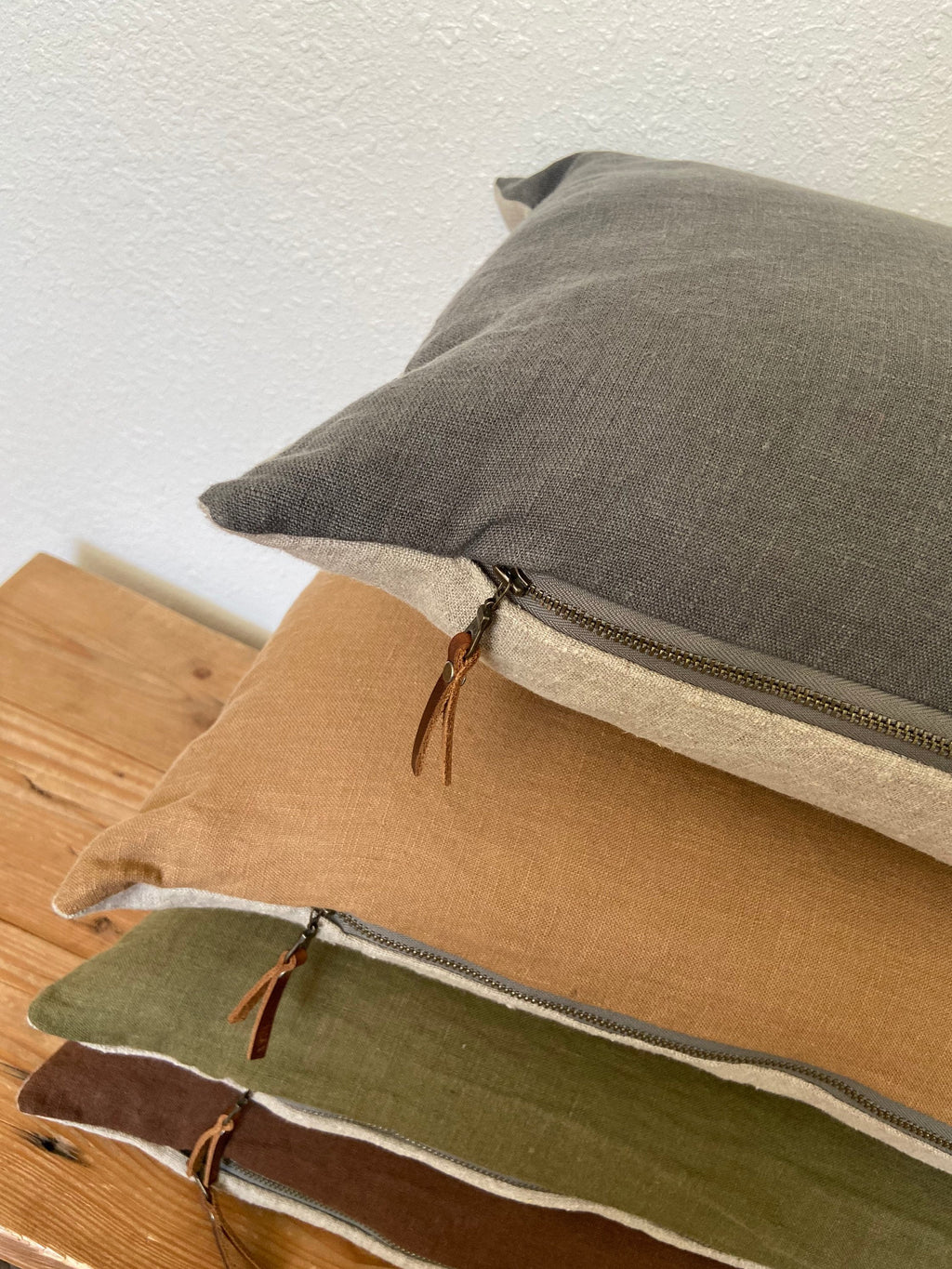 Green linen pillow cover dusty lotus with neutral linen backing exposed zipper-leather pull 20x20 14x24 22x222 24x24 handcrafted by misa
