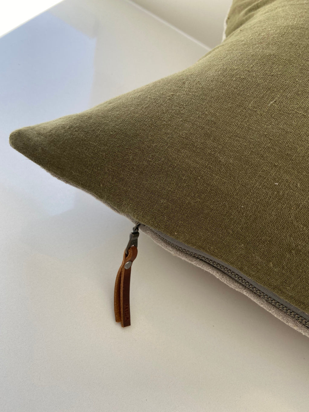 Luxury olive green linen pillow cover with neutral linen backing | exposed zipper-leather pull 20"22"24" 14x24 handcrafted by misa