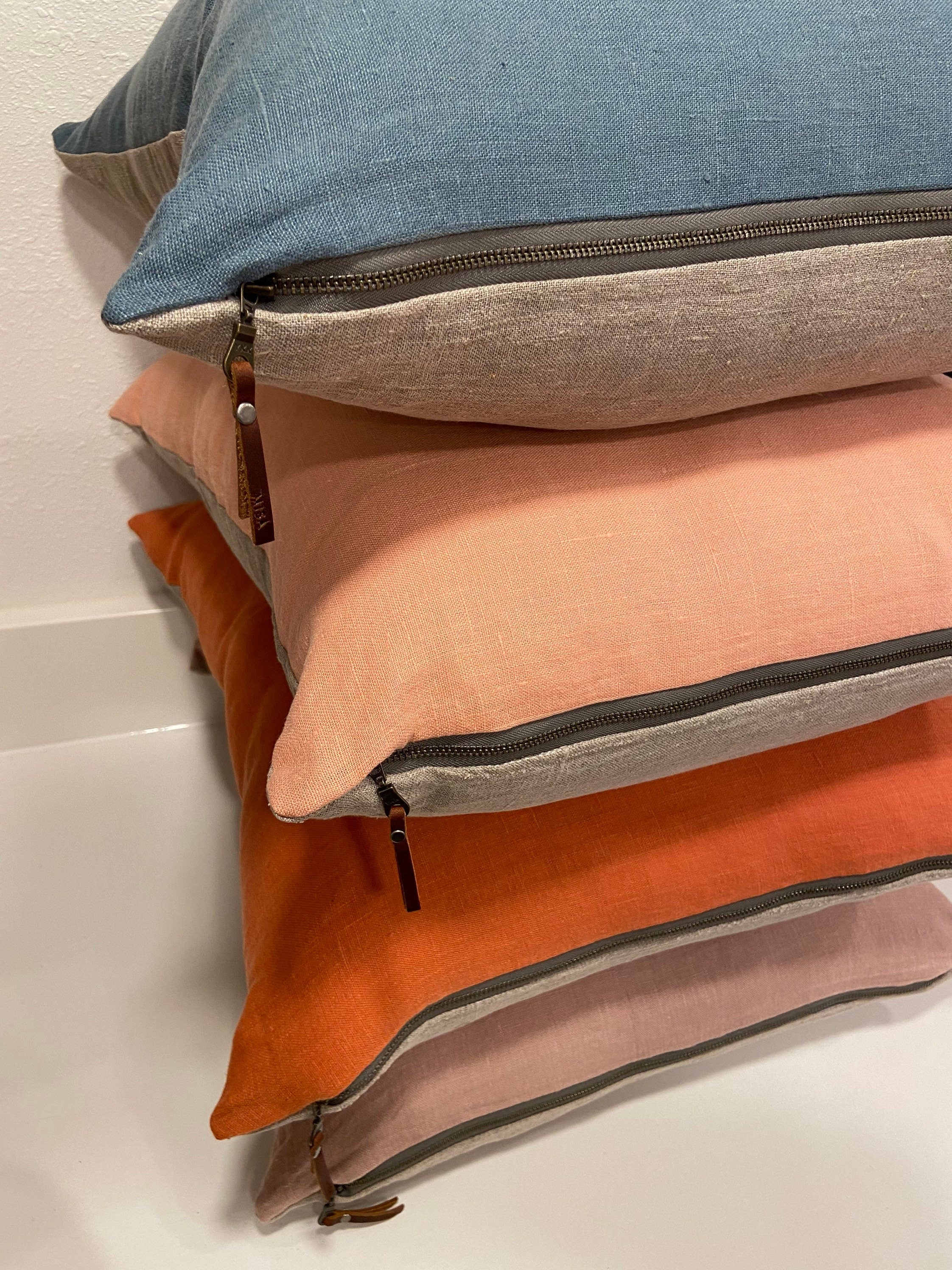 Peach linen pillow cover with neutral linen backing | exposed zipper leather pull 20”22"14x24”24" handcrafted by misa housewarming gift