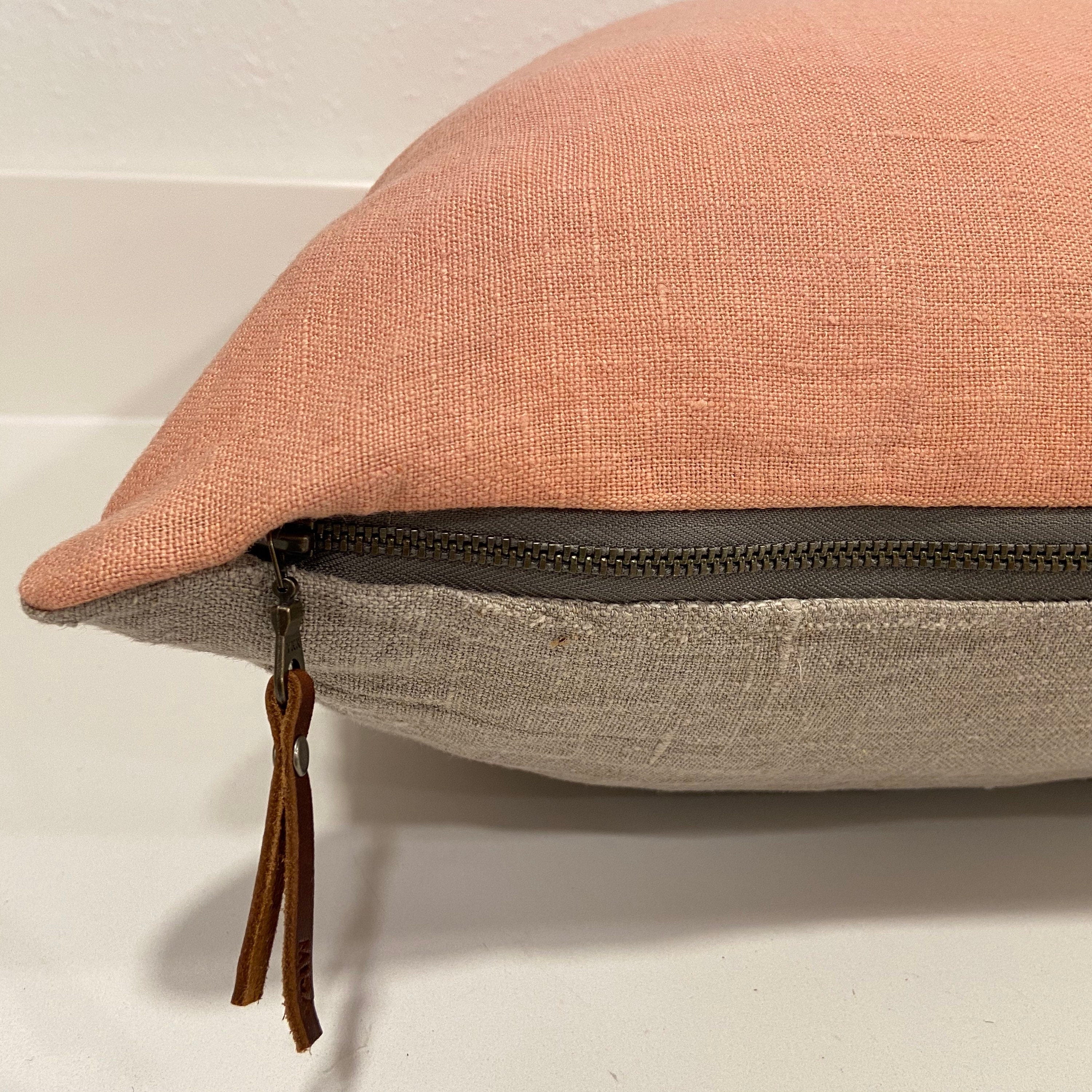 Peach linen pillow cover with neutral linen backing | exposed zipper leather pull 20”22"14x24”24" handcrafted by misa housewarming gift