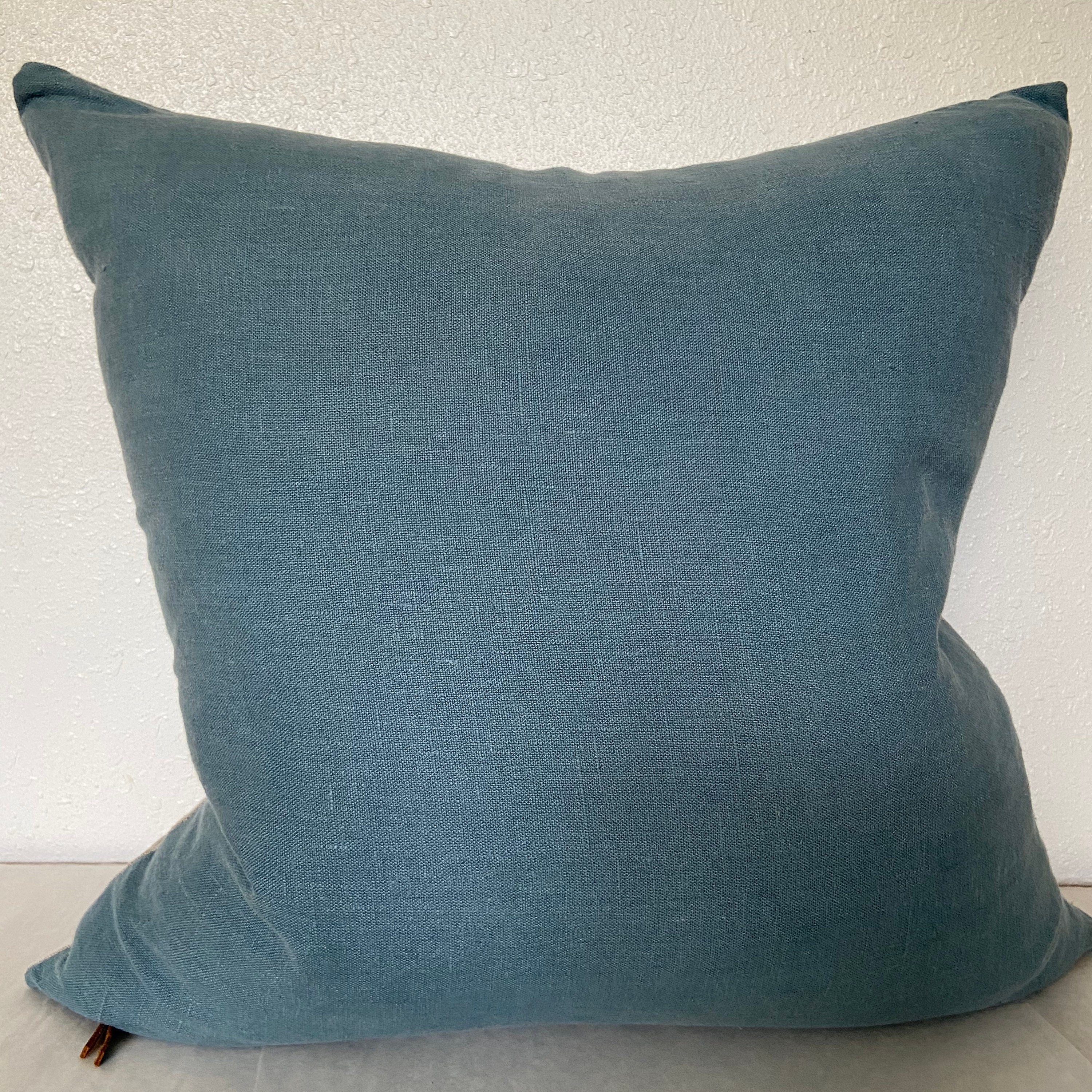 Blue linen pillow cover with a natural linen backing exposed zipper-leather pull 20x20”22x22"24x24”14x24” handcrafted by misa