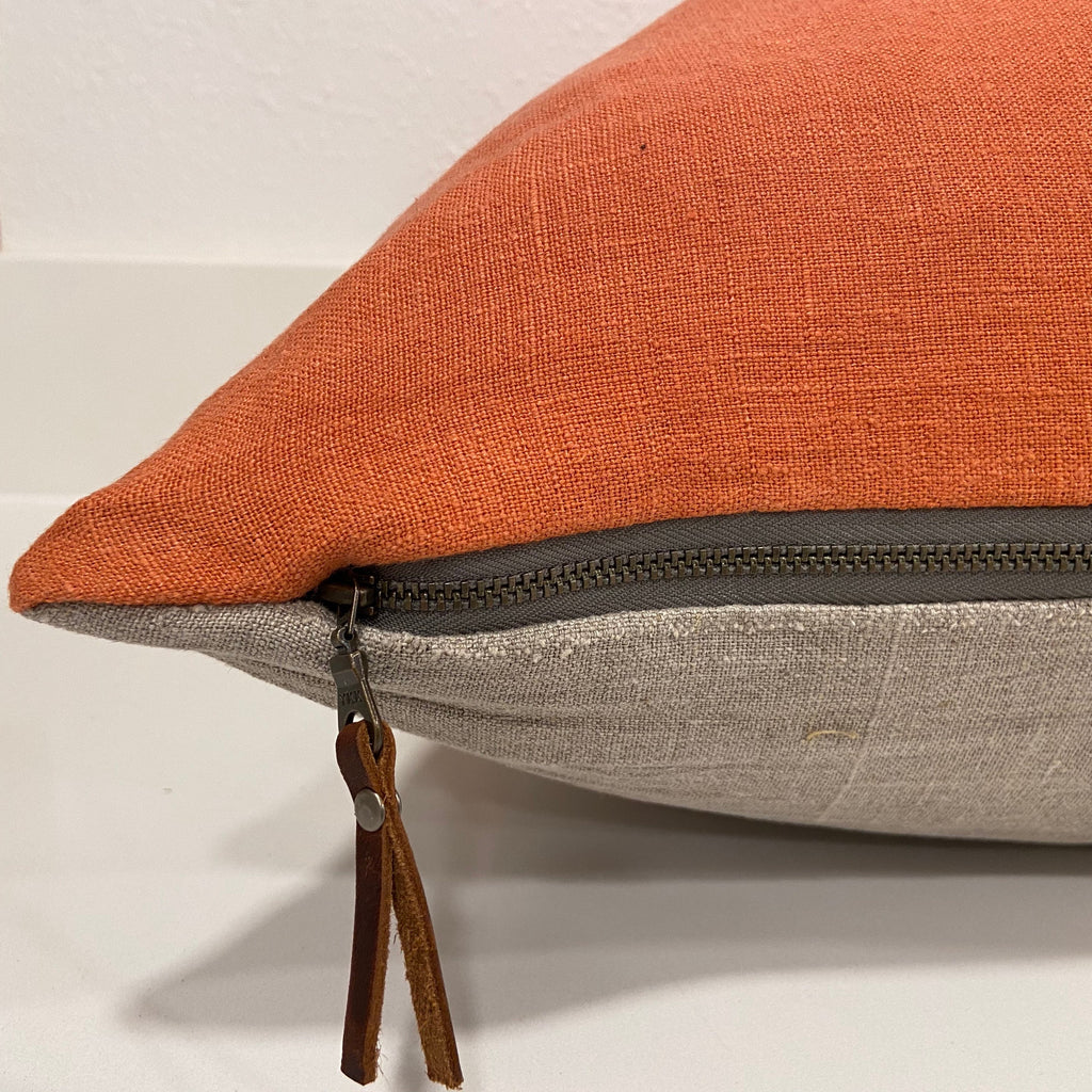 orange pillow cover orange linen pillow 100% linen exposed zipper-leather pull 20x20” 22x22" 24x24" 14x24” handcrafted by misa housewarming