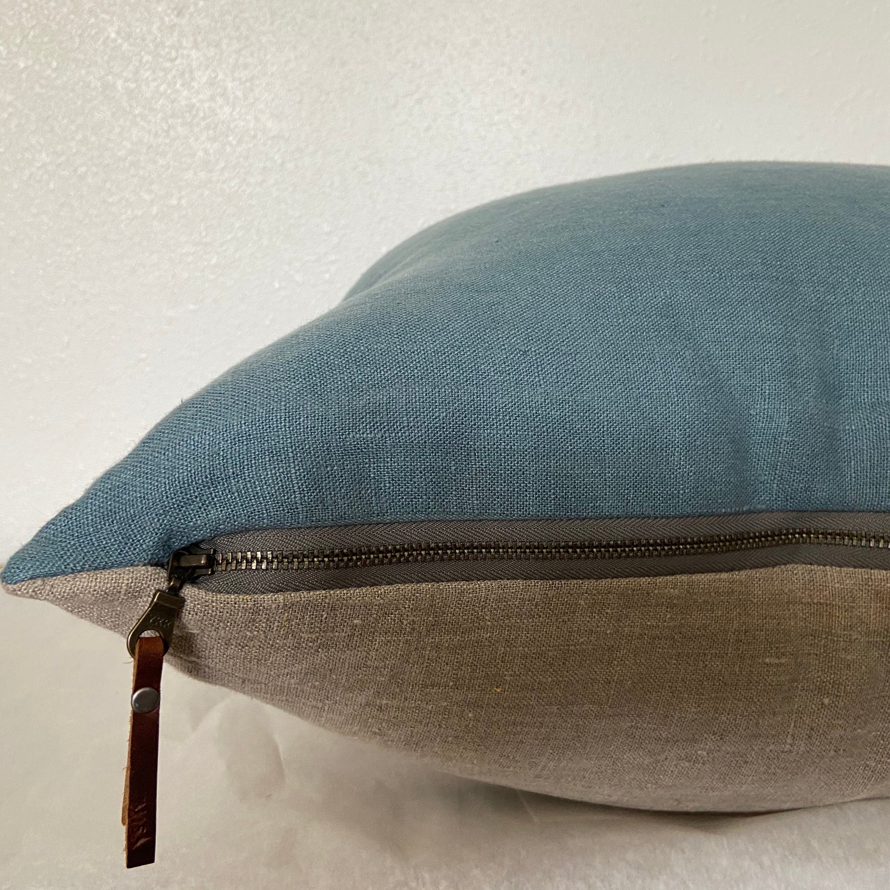 Blue linen pillow cover with a natural linen backing exposed zipper-leather pull 20x20”22x22"24x24”14x24” handcrafted by misa