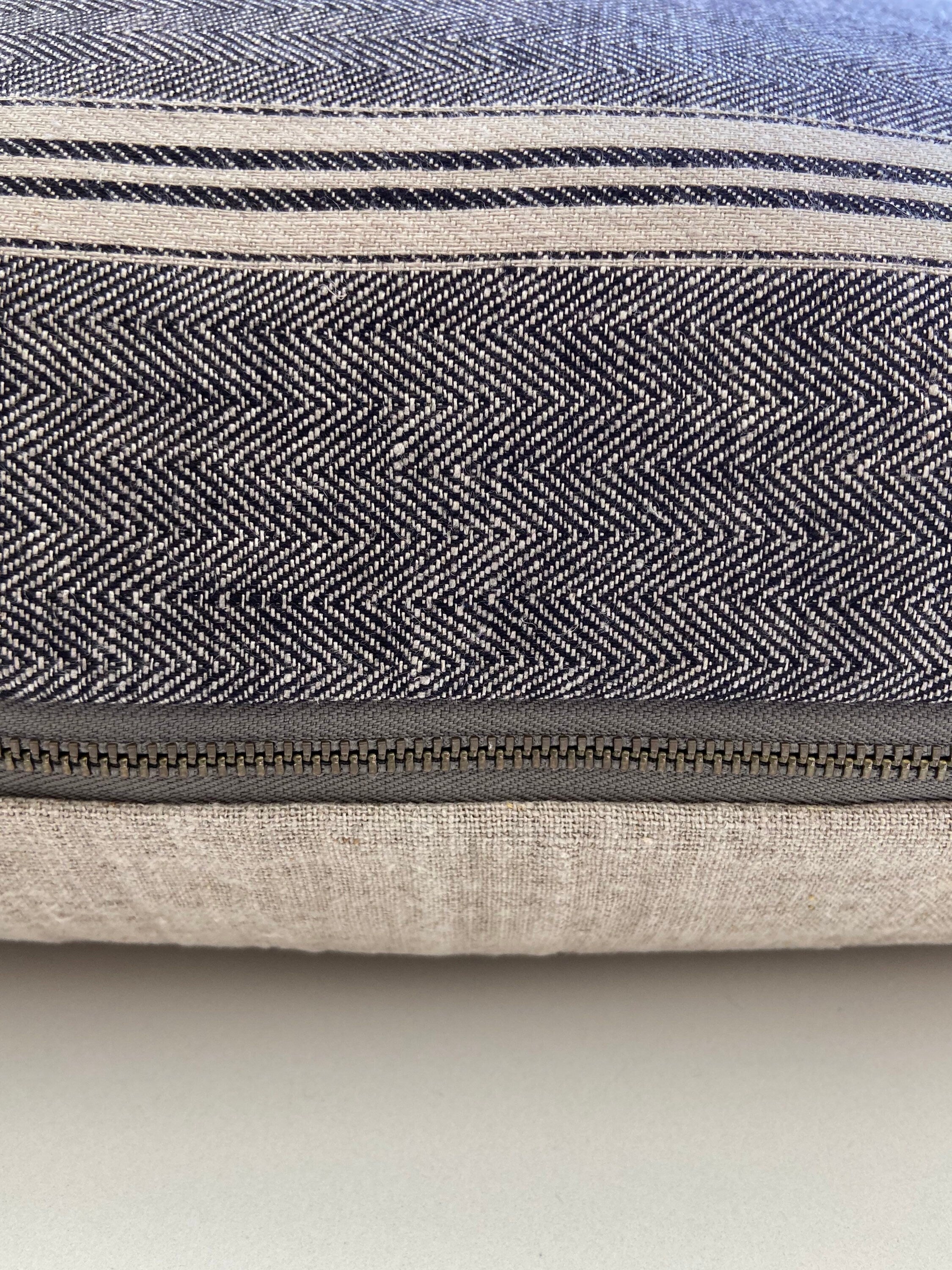 Black and Tan striped linen pillow cover 100% linen exposed zipper-leather pull 14x24 20x20 high quality housewarming gift