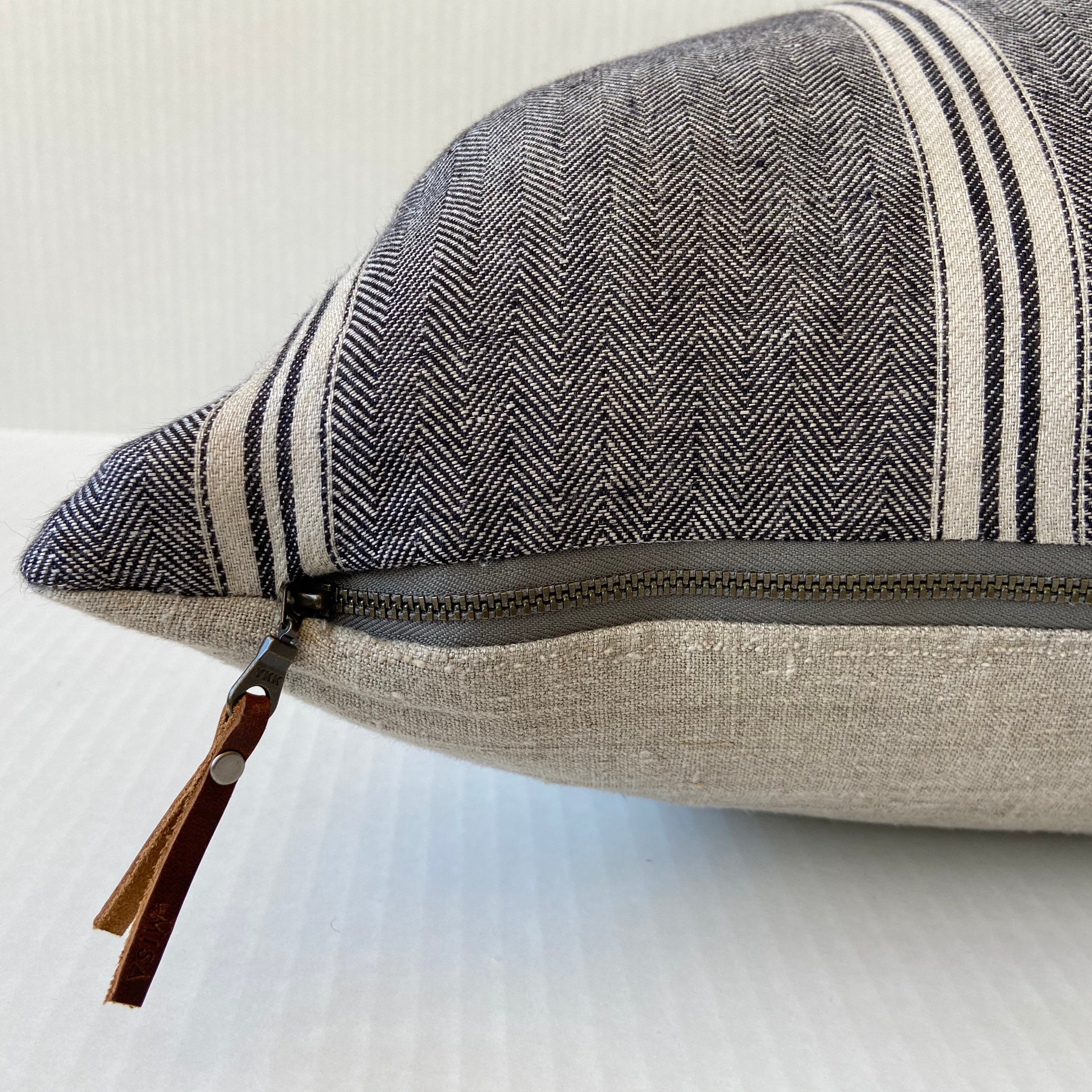 Black and Tan striped linen pillow cover 100% linen exposed zipper-leather pull 14x24 20x20 high quality housewarming gift