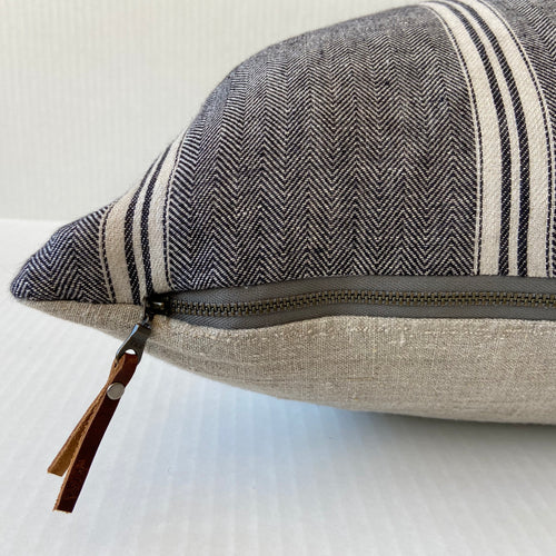 Black and Tan striped linen pillow cover 100% linen exposed zipper-leather pull 14x24 20x20 high quality housewarming gift