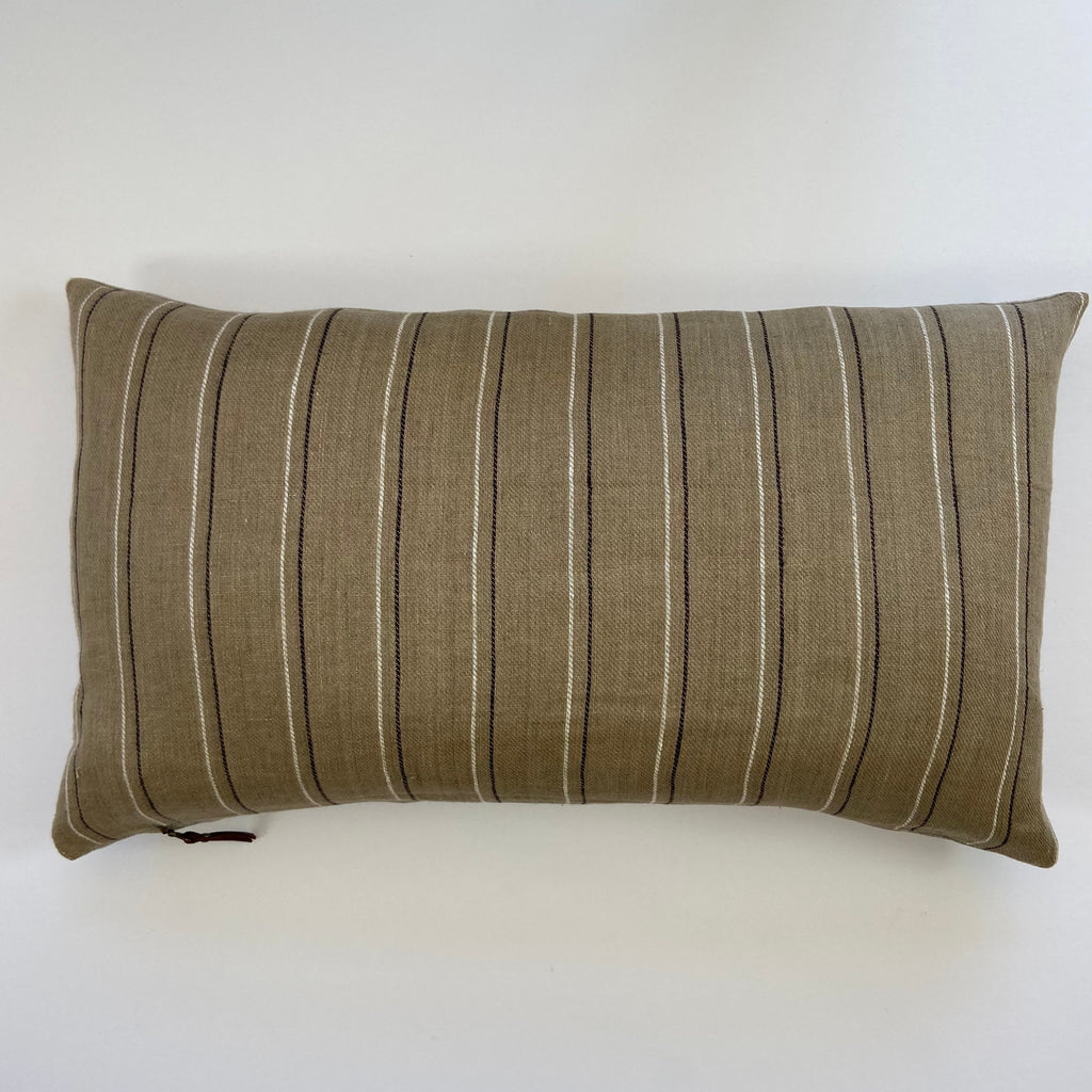 Tan white black striped tan linen lumbar pillow cover exposed zipper-leather pull 14x24 20"22"24" high quality neutral Linen backing