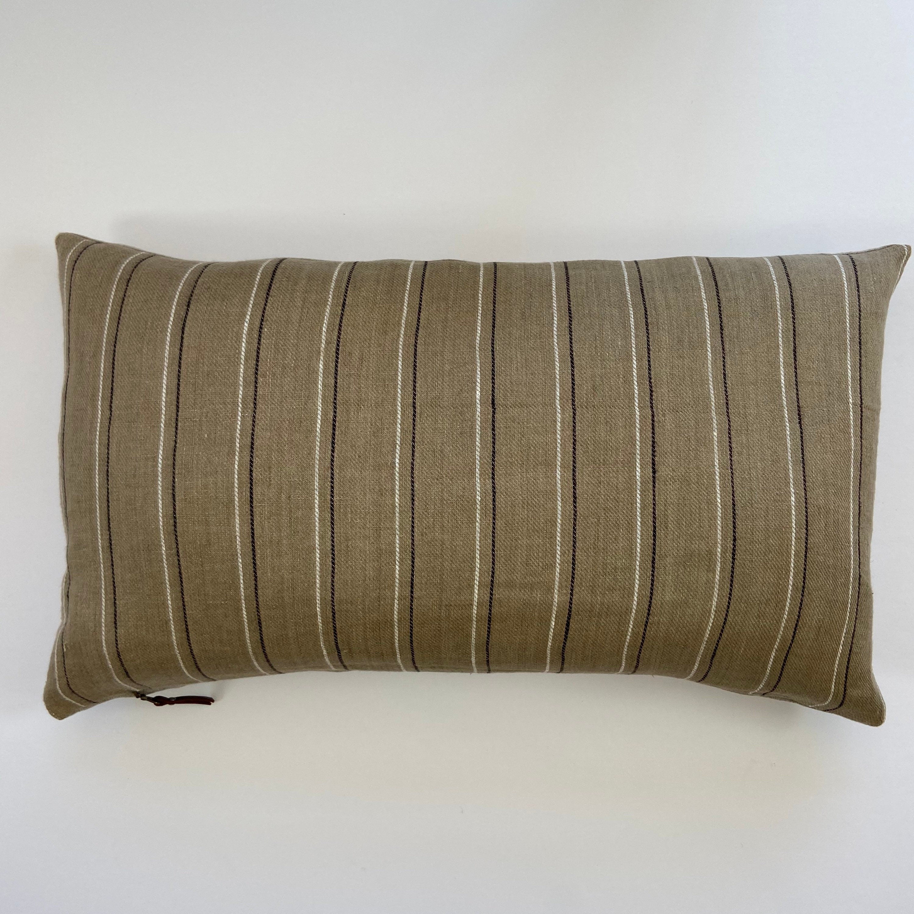 Tan white black striped tan linen lumbar pillow cover exposed zipper-leather pull 14x24 20"22"24" high quality neutral Linen backing