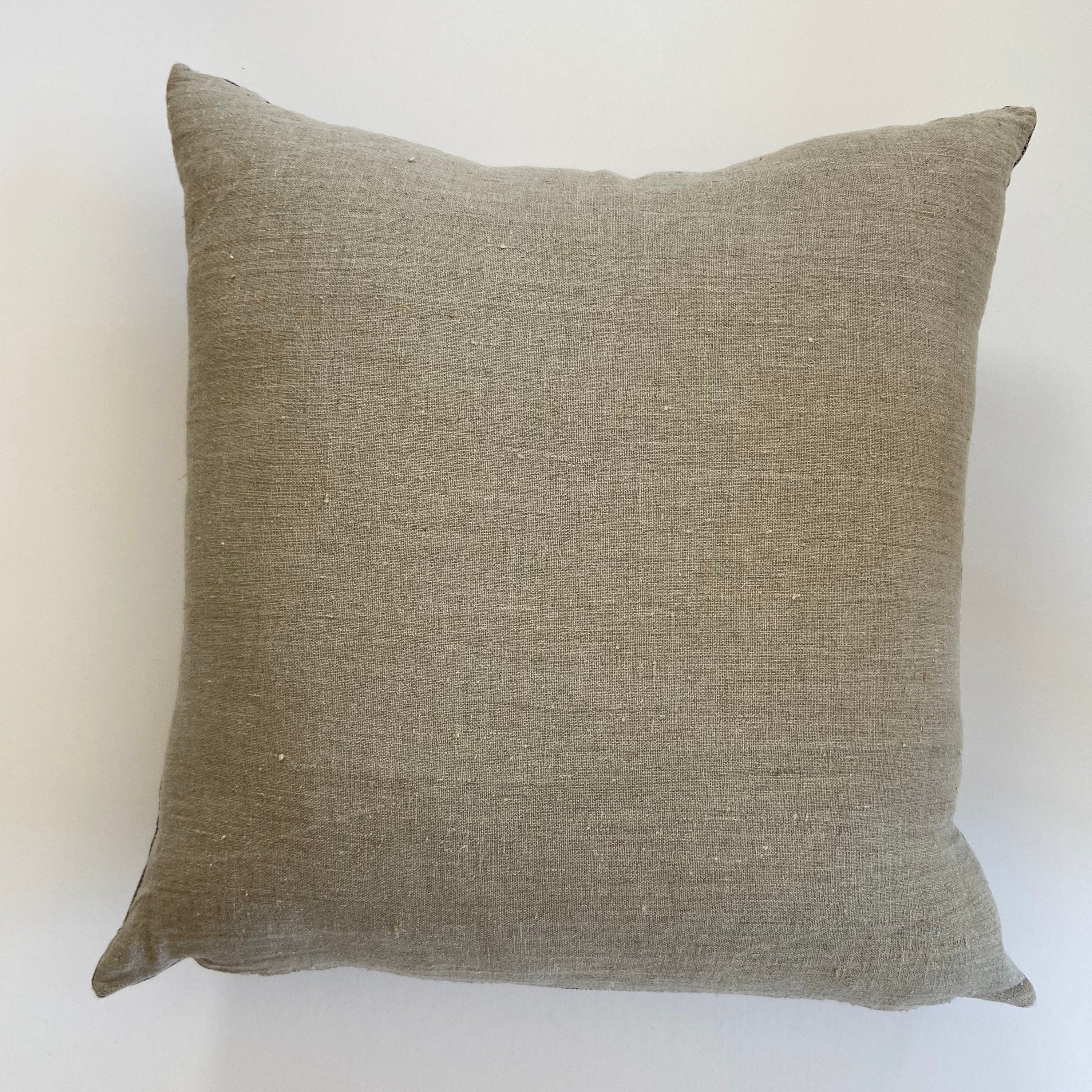 Tan Floral and striped Linen Pillow Cover: Exposed Zipper, Leather Pull