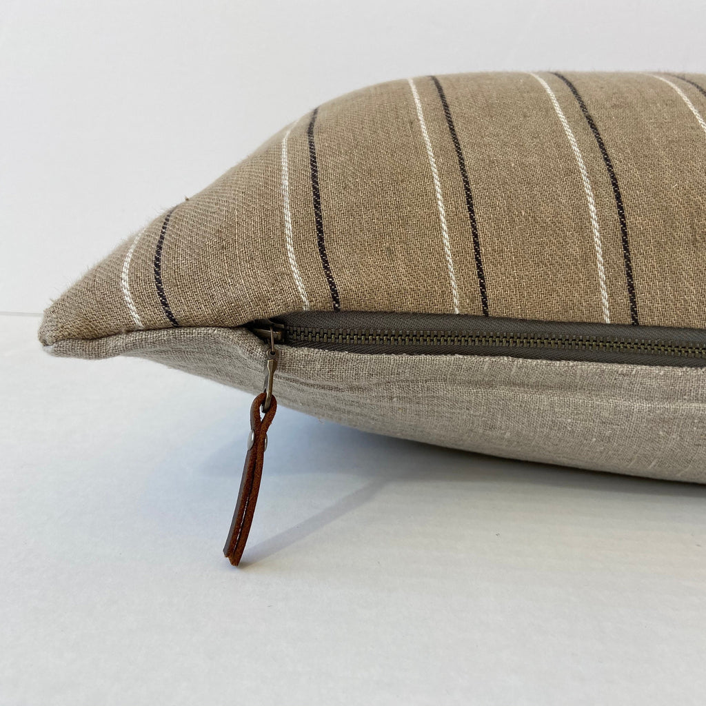 Tan white black striped tan linen lumbar pillow cover exposed zipper-leather pull 14x24 20"22"24" high quality neutral Linen backing