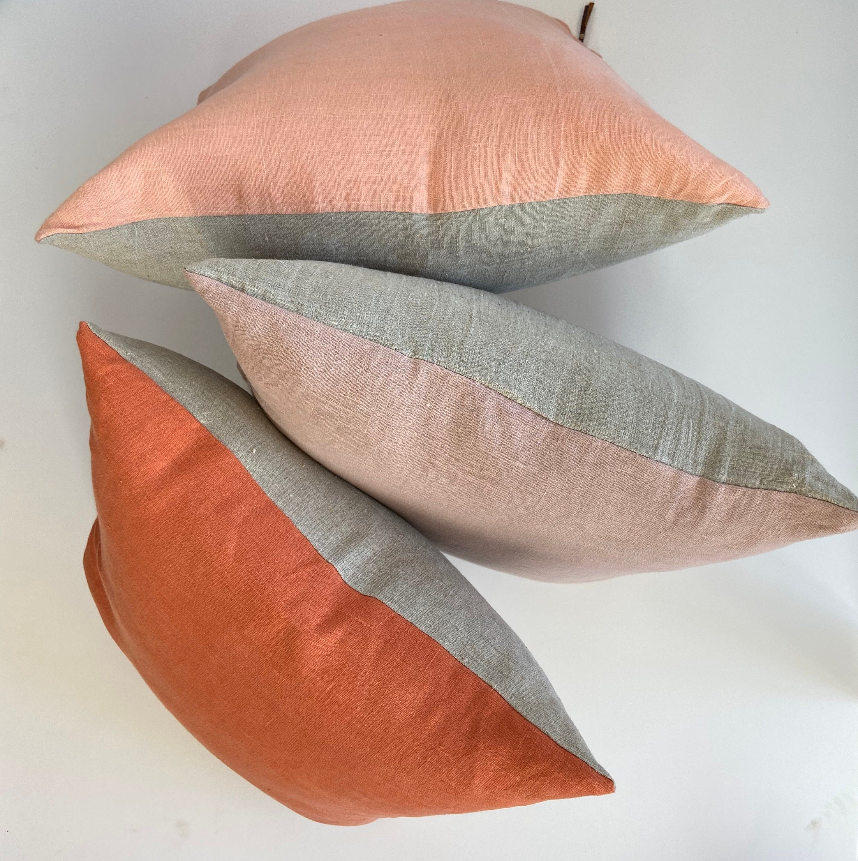 Peach linen pillow cover with neutral linen backing | exposed zipper leather pull 20”22"14x24”24" handcrafted by misa housewarming gift