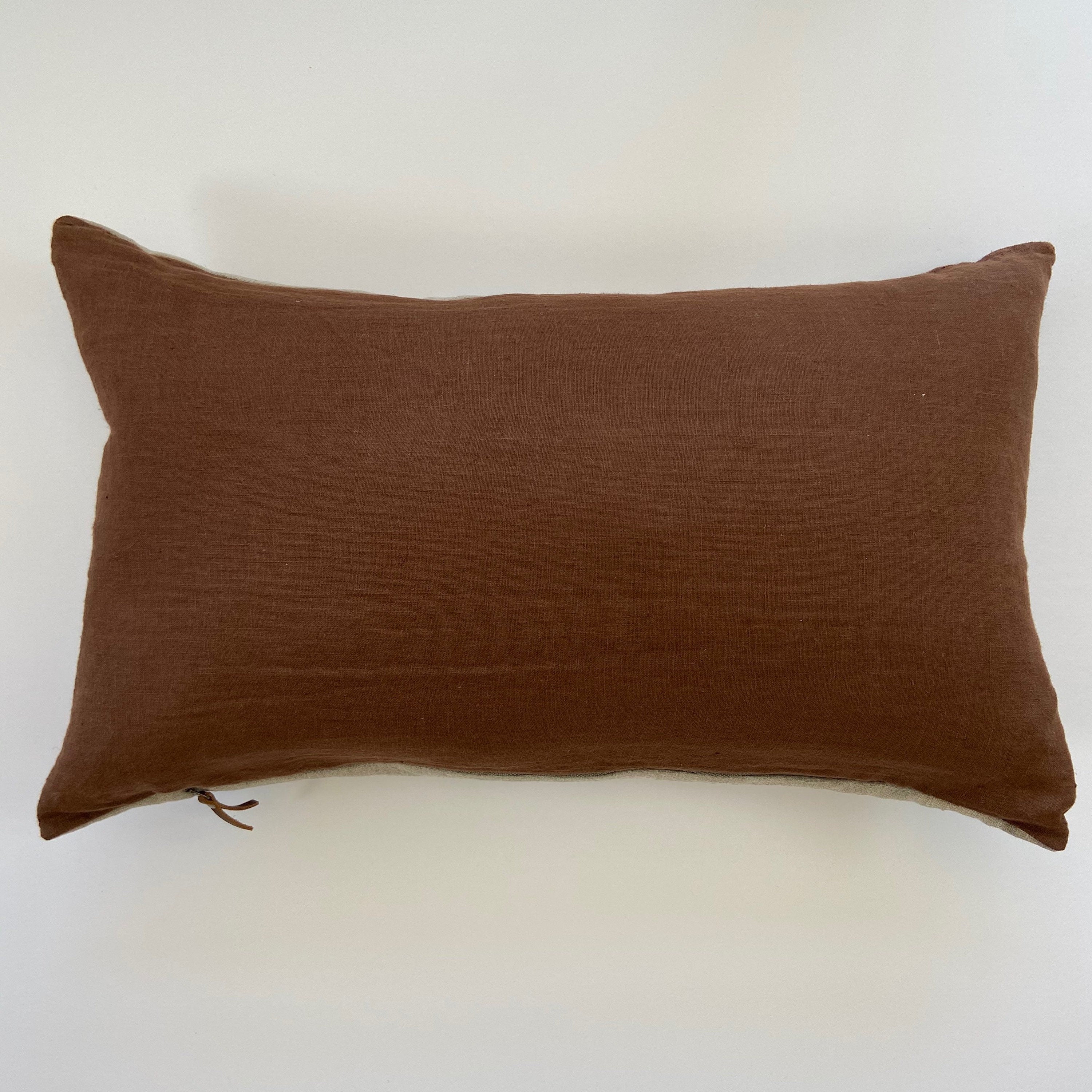 Linen pillow cover brown pillow with natural linen backing made with exposed zipper and leather pull 20” 22"24"14x24” housewarming gift