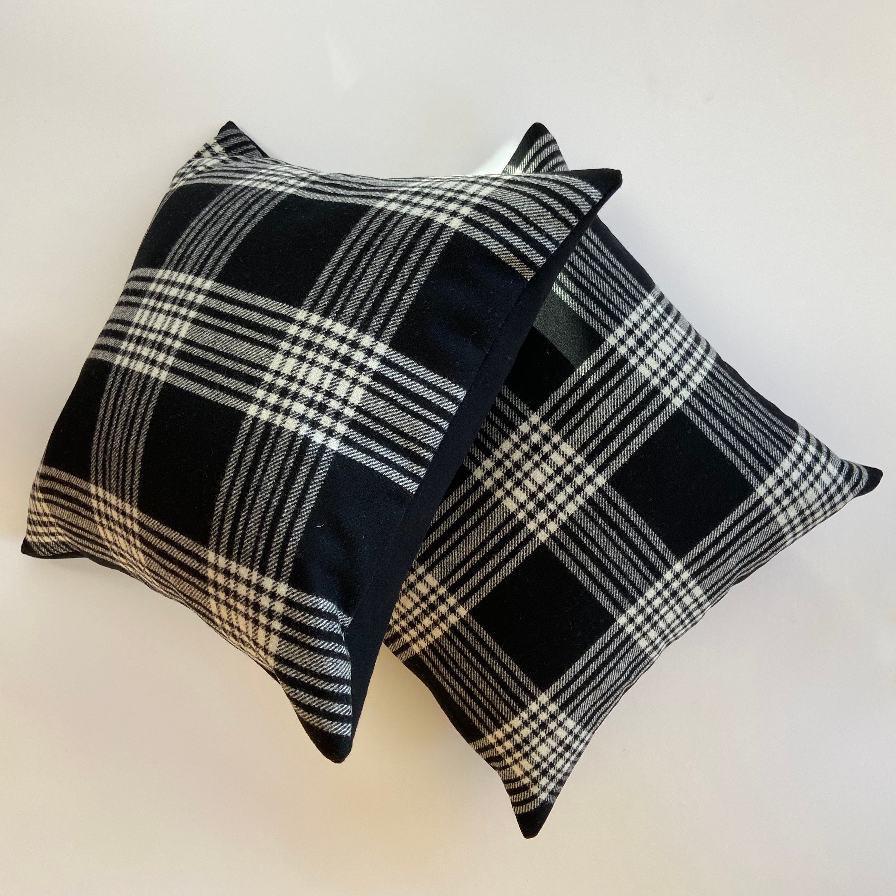Black and white plaid wool pillow cover exposed zipper-leather pull 24x24 22x22 20x20 14x24 handmade