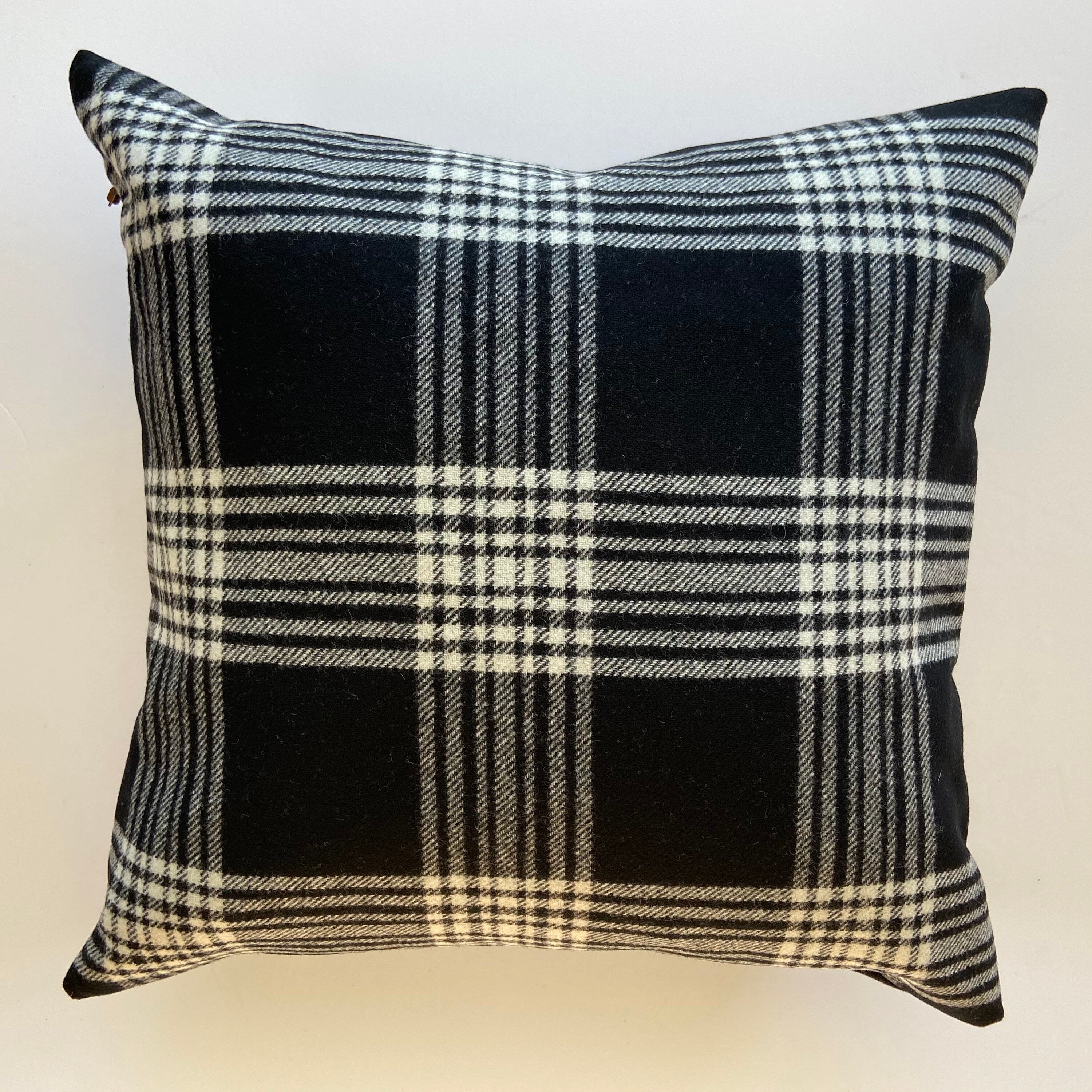 Black and white plaid wool pillow cover exposed zipper-leather pull 24x24 22x22 20x20 14x24 handmade