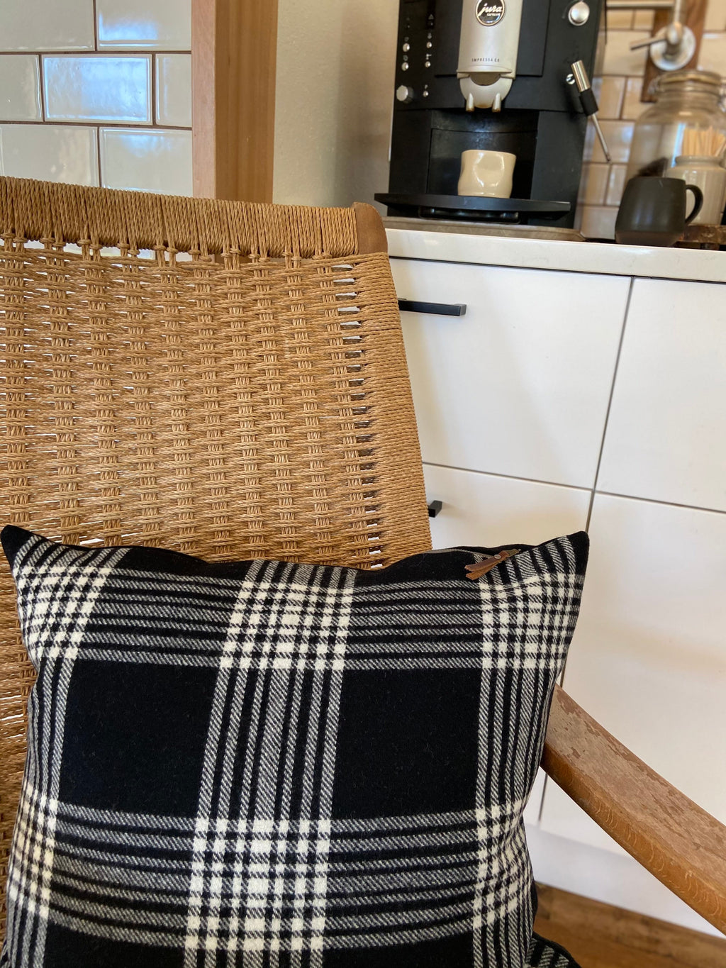 Black and white plaid wool pillow cover exposed zipper-leather pull 24x24 22x22 20x20 14x24 handmade