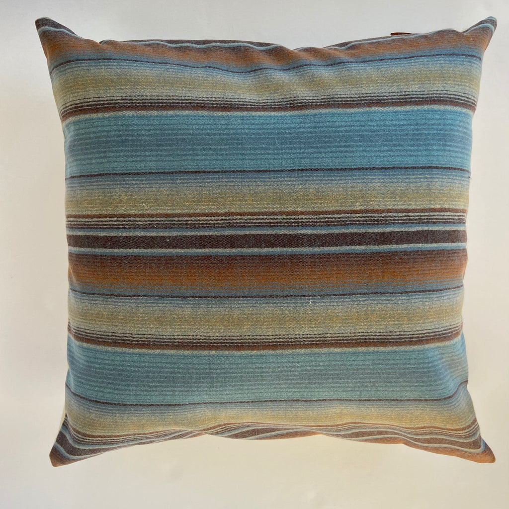 Striped wool pillow cover blues browns handmade with exposed zipper-leather pull 20x20 14x24 Handcrafted by misa