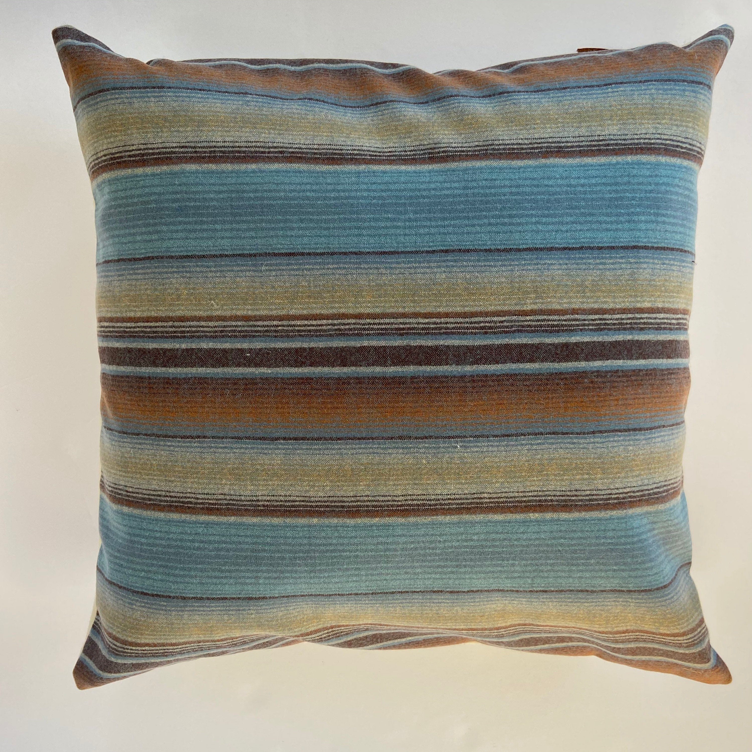 Striped wool pillow cover blues browns handmade with exposed zipper-leather pull 20x20 14x24 Handcrafted by misa