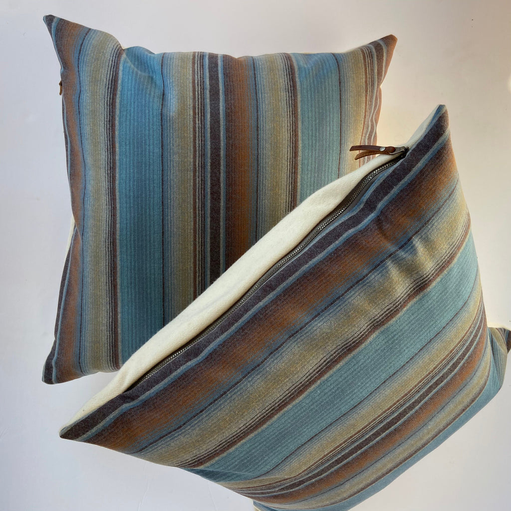 Striped wool pillow cover blues browns handmade with exposed zipper-leather pull 20x20 14x24 Handcrafted by misa