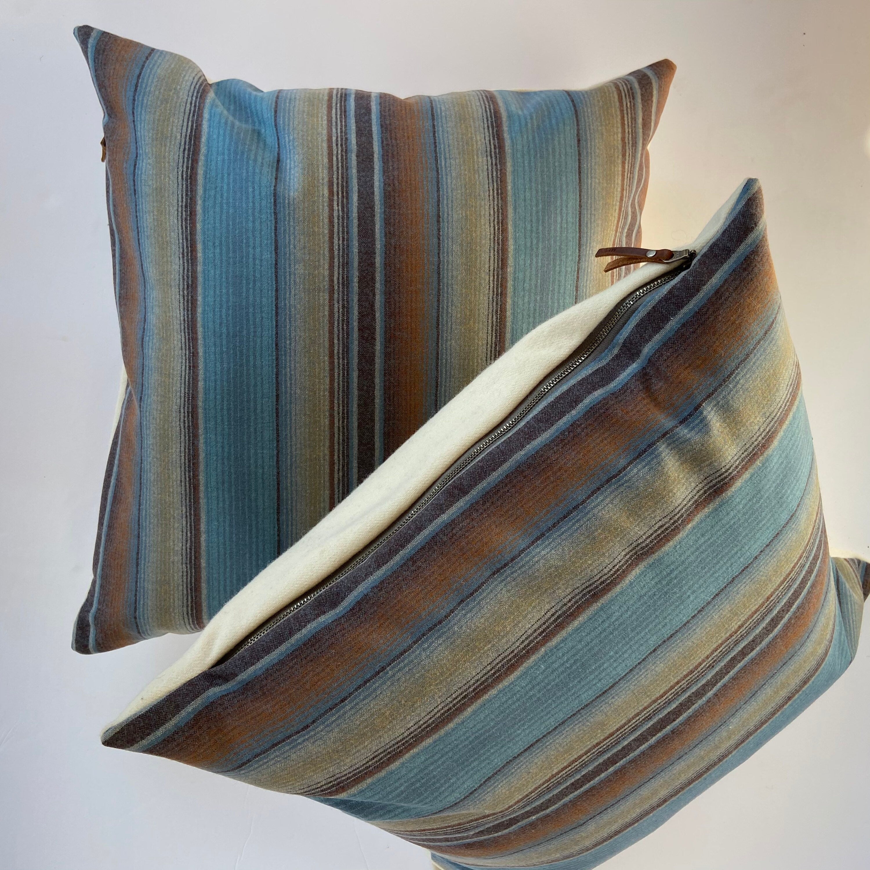 Striped wool pillow cover blues browns handmade with exposed zipper-leather pull 20x20 14x24 Handcrafted by misa