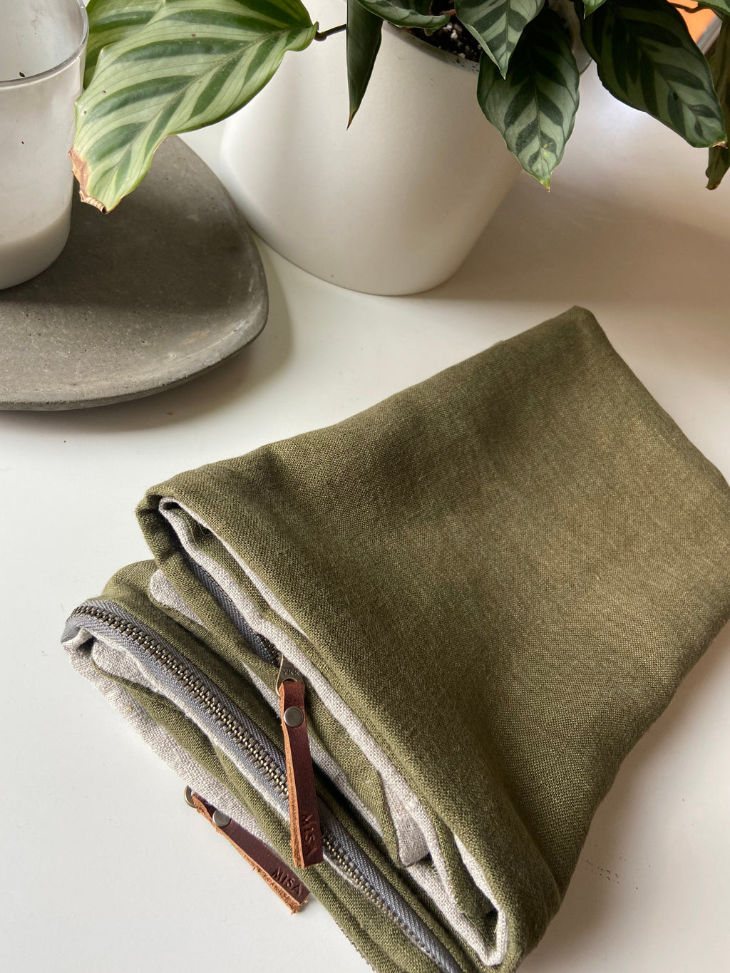 Luxury olive green linen pillow cover with neutral linen backing | exposed zipper-leather pull 20"22"24" 14x24 handcrafted by misa