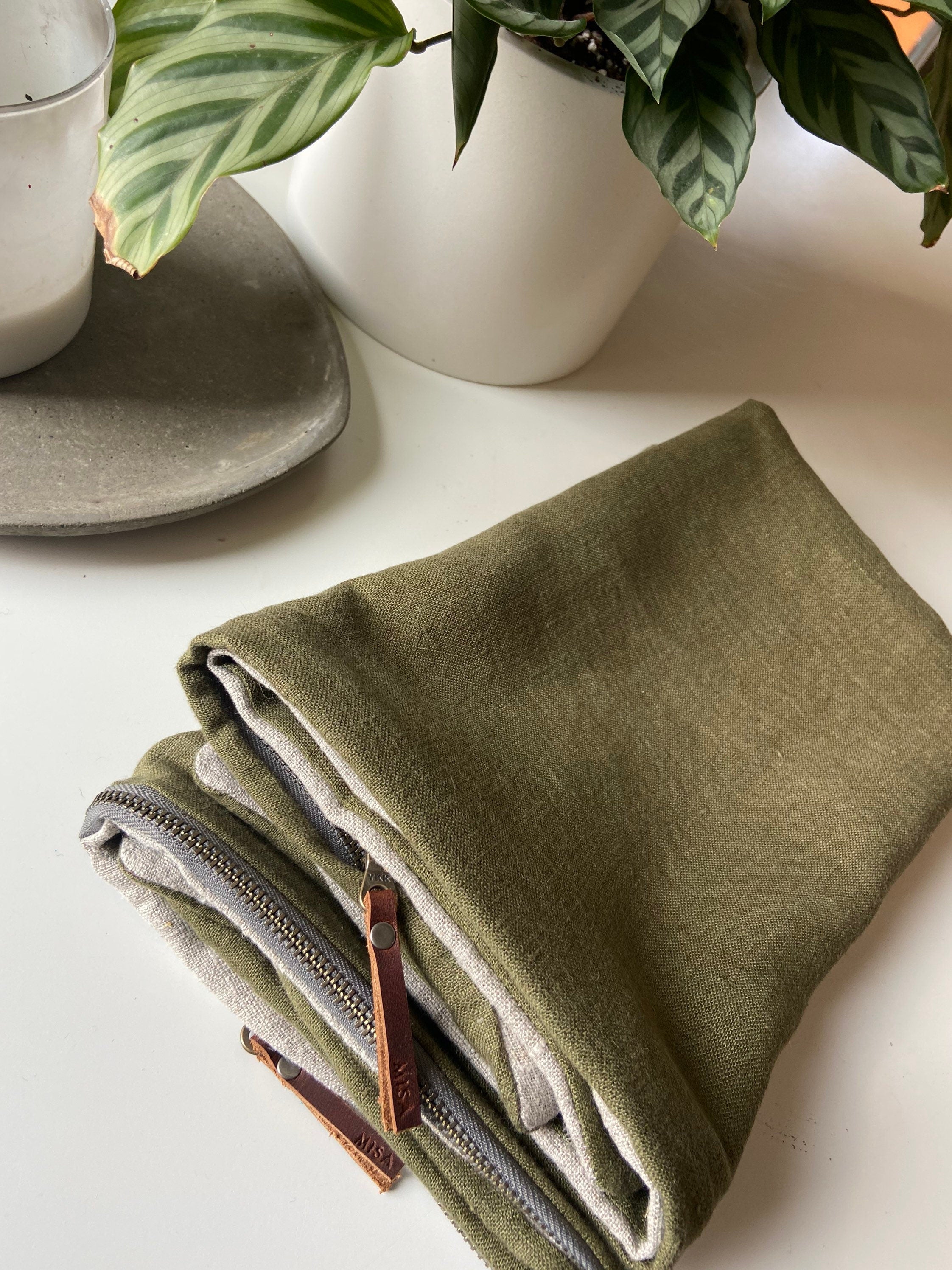 Luxury olive green linen pillow cover with neutral linen backing | exposed zipper-leather pull 20"22"24" 14x24 handcrafted by misa