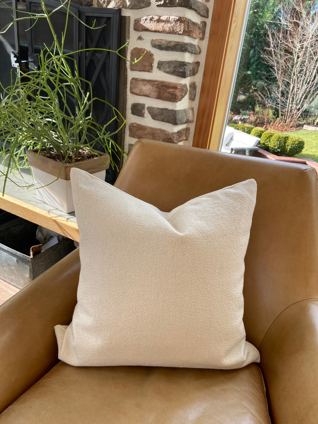 cream boucle wool pillow cover exposed zipper-leather pull 14x24 20” 22” 24” handmade