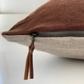Linen pillow cover brown pillow with natural linen backing made with exposed zipper and leather pull 20” 22"24"14x24” housewarming gift