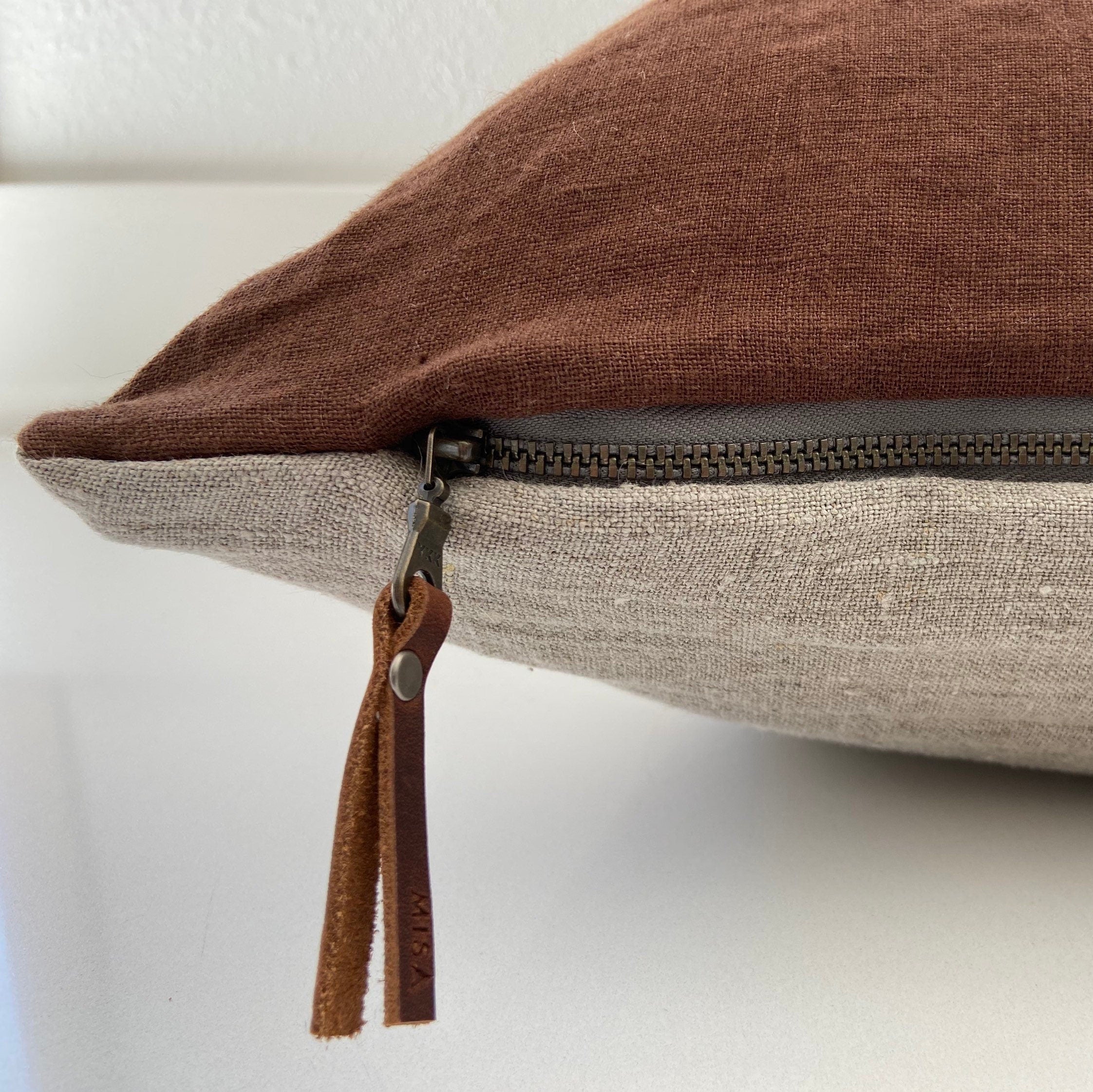Linen pillow cover brown pillow with natural linen backing made with exposed zipper and leather pull 20” 22"24"14x24” housewarming gift
