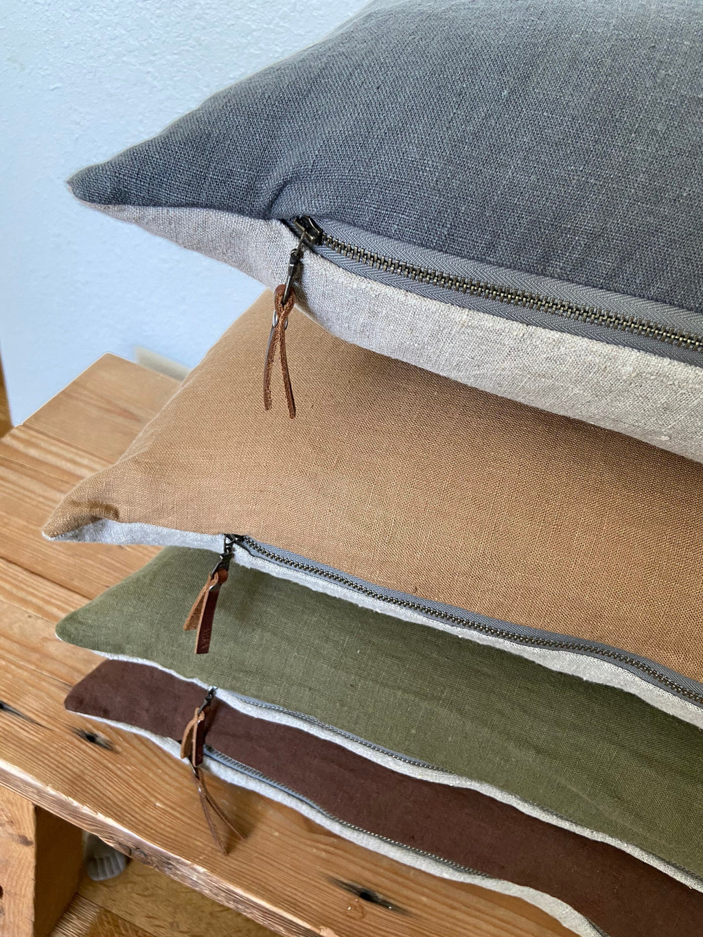 Gray blue striped linen pillow cover blue striped pillow exposed zipper-leather pull 14x24 22"2024" high quality housewarming gift