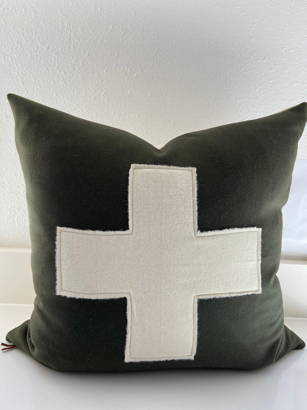 Swisscross pillow cover camel brown with cream cross exposed zipper-leather pull 20x20 or 24x14 lumbar handmade