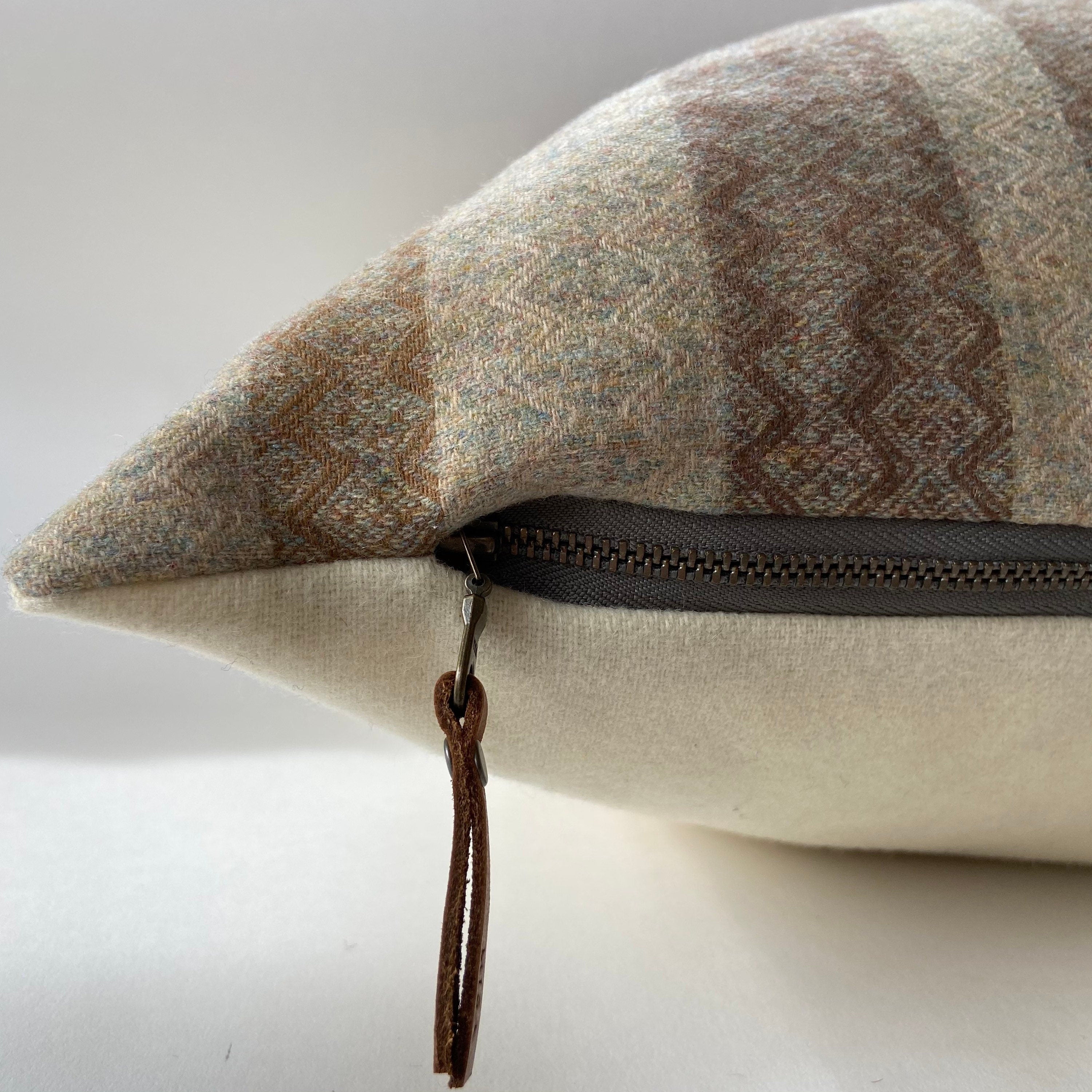 Brown pillow cover brown wool striped pillow exposed zipper leather pull 20”22" 24” 14x24” cream wool handmade