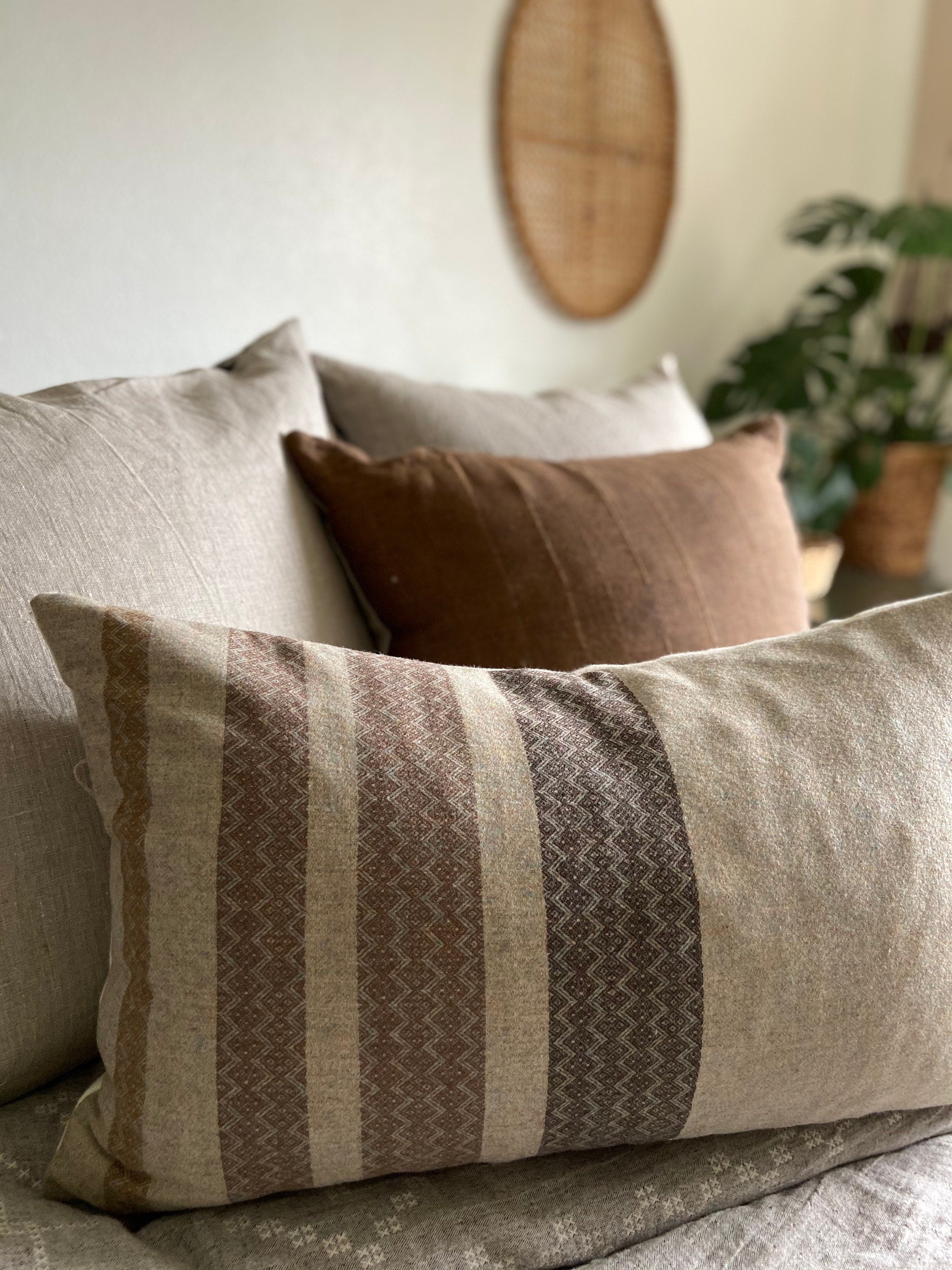 Brown pillow cover brown wool striped pillow exposed zipper leather pull 20”22" 24” 14x24” cream wool handmade
