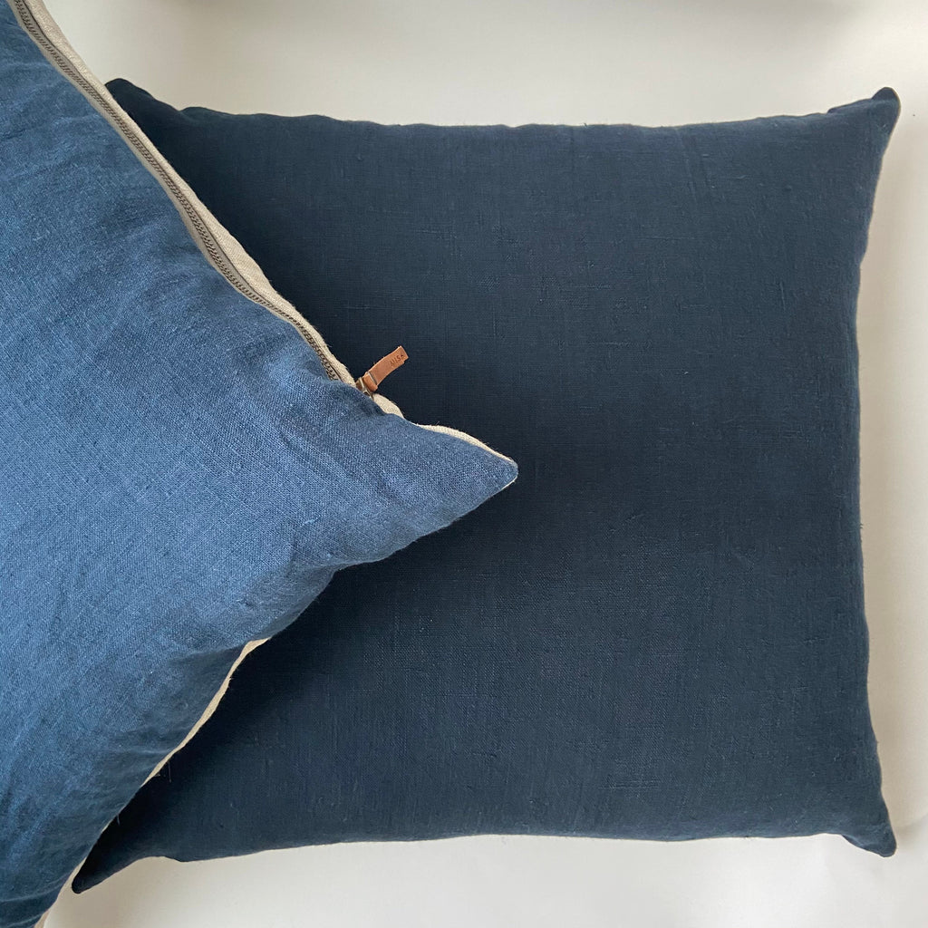 Striped Linen Pillow Cover: Navy Blue and Brown with Leather Pull
