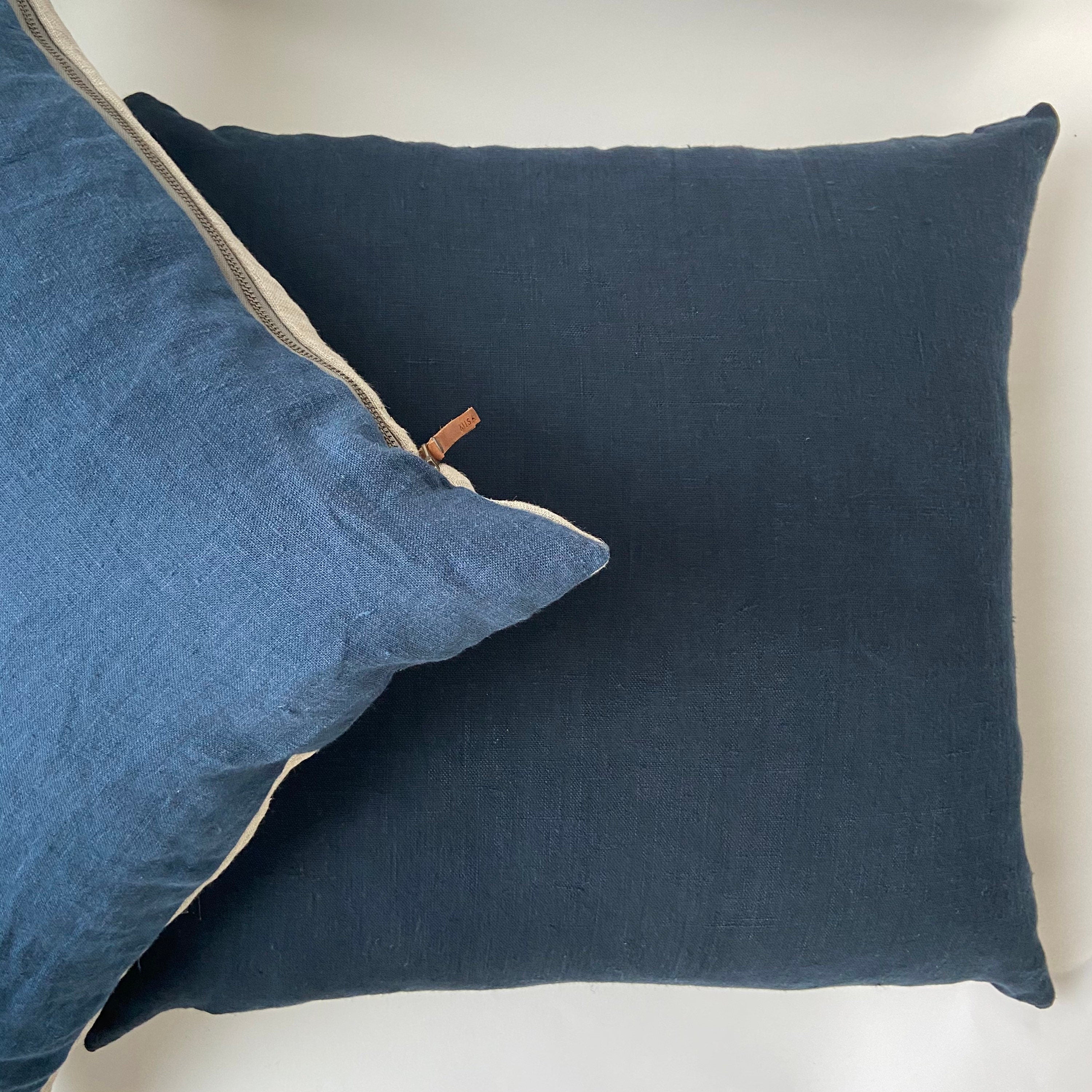 Striped Linen Pillow Cover: Navy Blue and Brown with Leather Pull