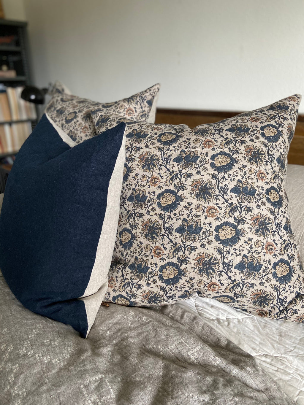 Striped Linen Pillow Cover: Navy Blue and Brown with Leather Pull
