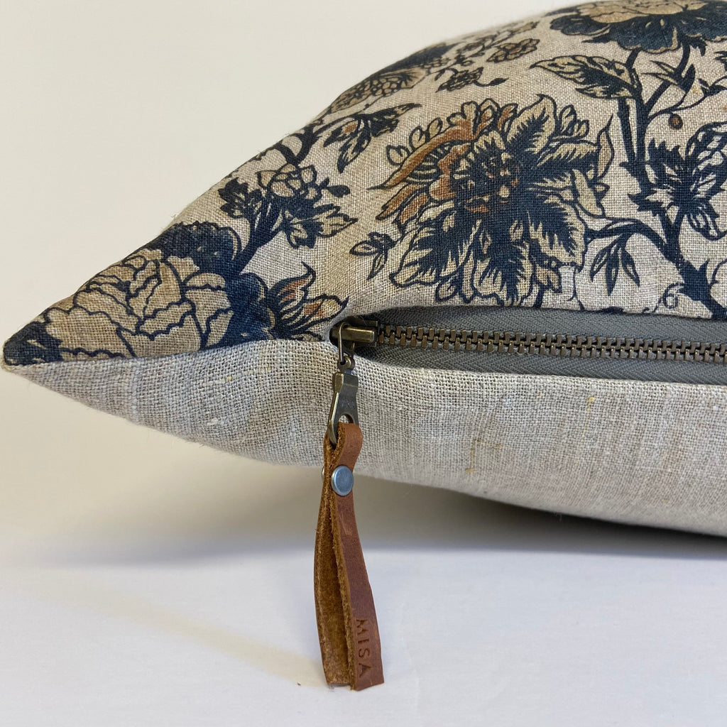 Striped Linen Pillow Cover: Navy Blue and Brown with Leather Pull
