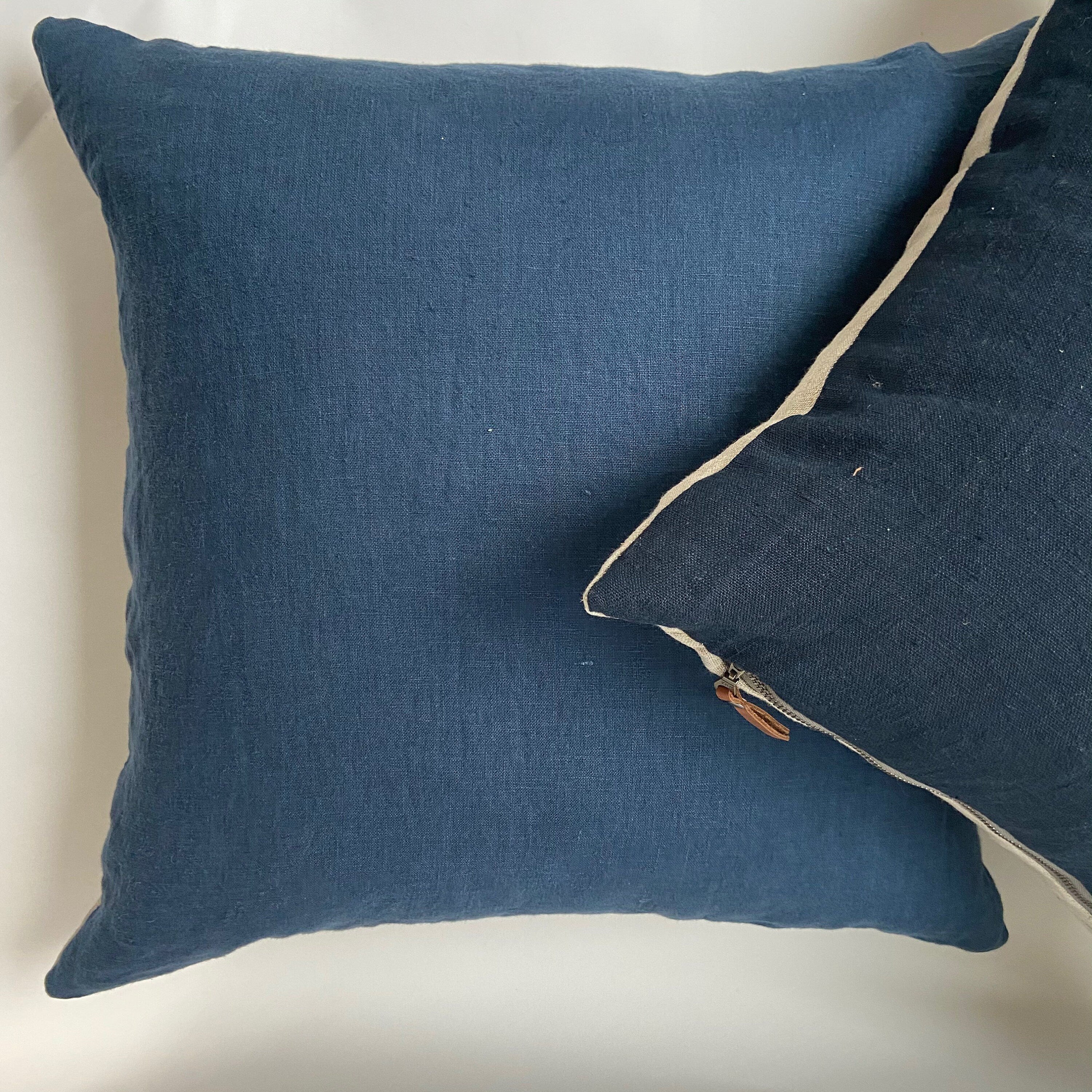 blue linen pillow cover cobalt pillow exposed zipper-leather pull 20”22” 24”14x24 high quality neutral Linen backing housewarming gift