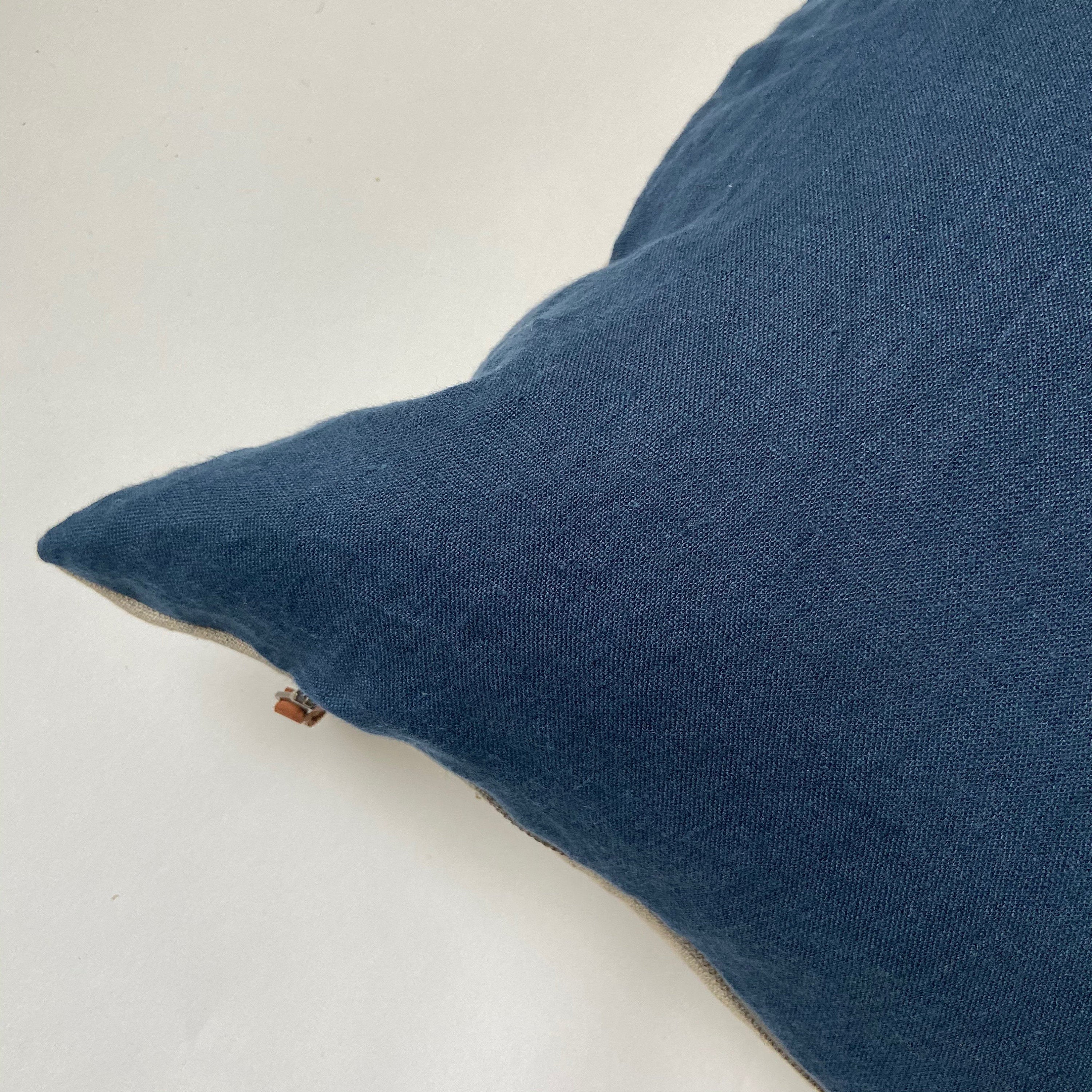 blue linen pillow cover cobalt pillow exposed zipper-leather pull 20”22” 24”14x24 high quality neutral Linen backing housewarming gift