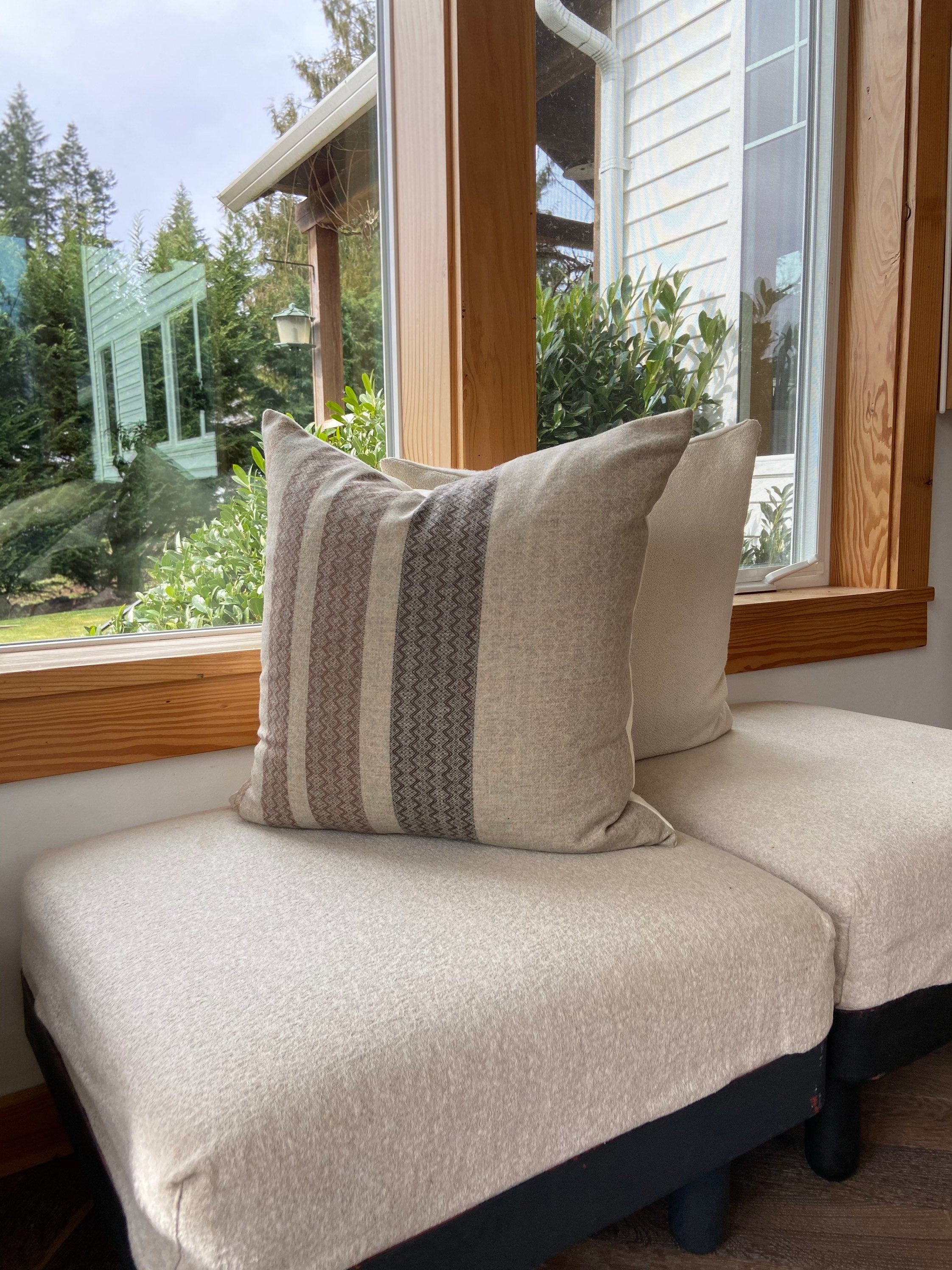 Brown pillow cover brown wool striped pillow exposed zipper leather pull 20”22" 24” 14x24” cream wool handmade