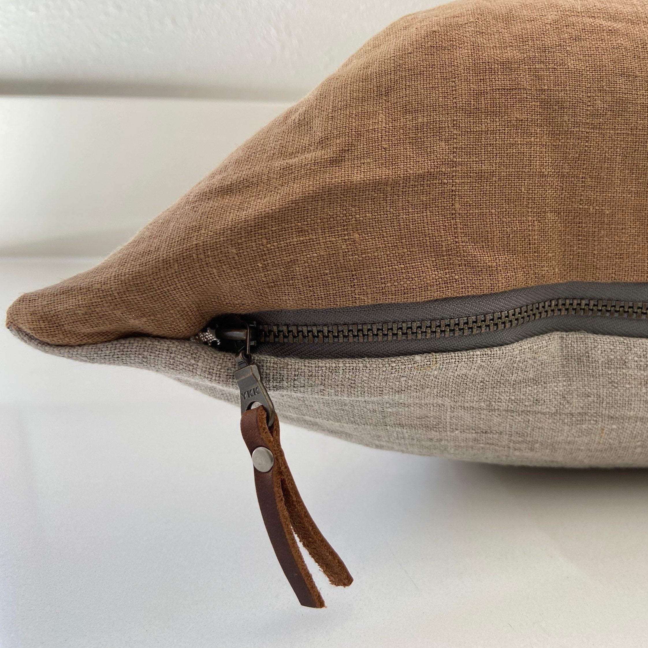Navy blue linen pillow cover exposed zipper-leather pull 20x20”22x22"14x24 24x24 high quality neutral 100% Linen backing handcrafted by misa