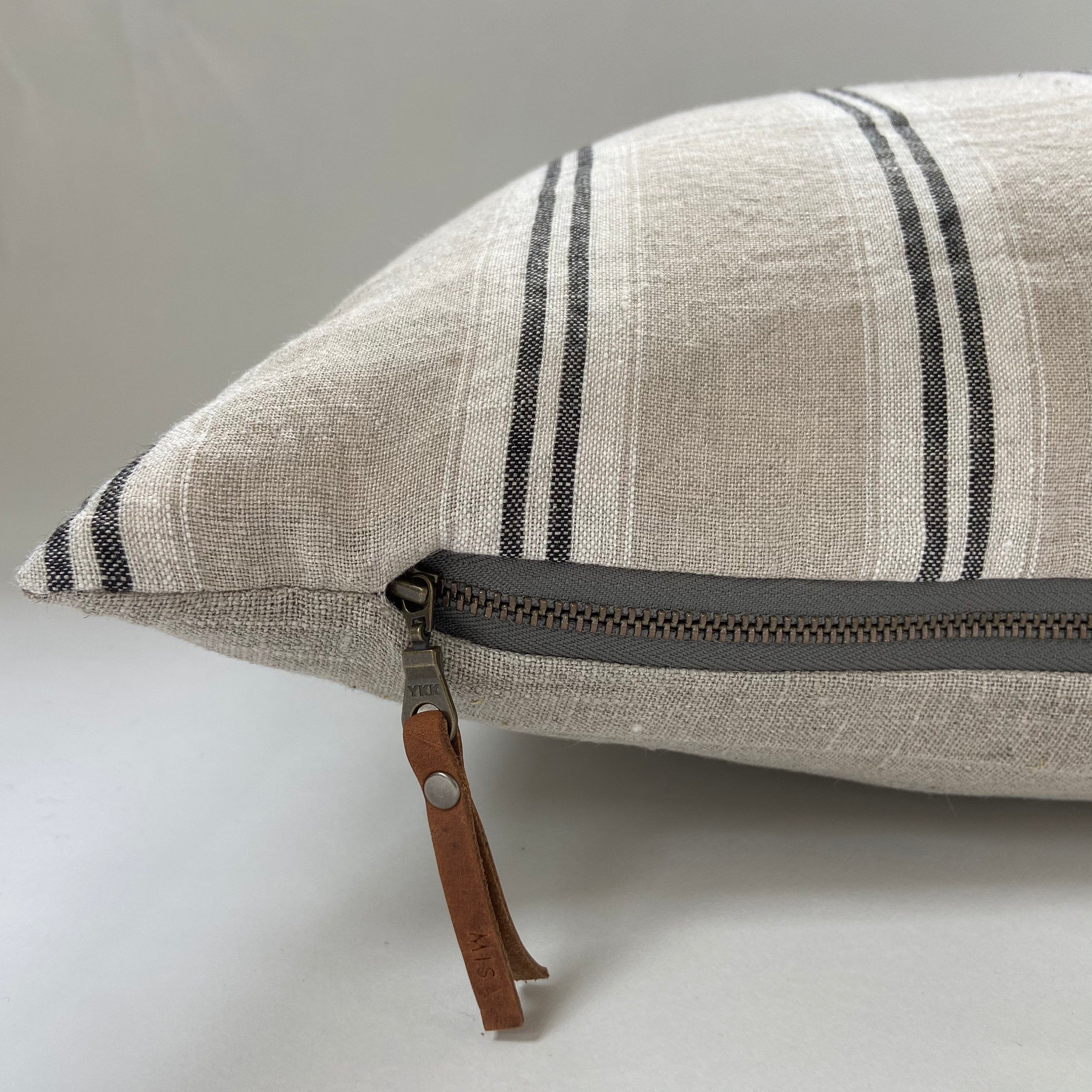 black white and Tan striped linen pillow cover exposed zipper-leather pull | 14x24 20x20 |high quality