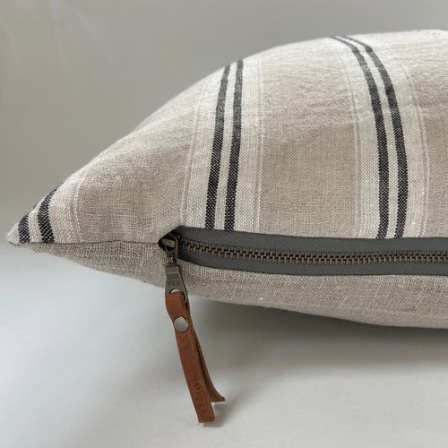black white and Tan striped linen pillow cover exposed zipper-leather pull | 14x24 20x20 |high quality