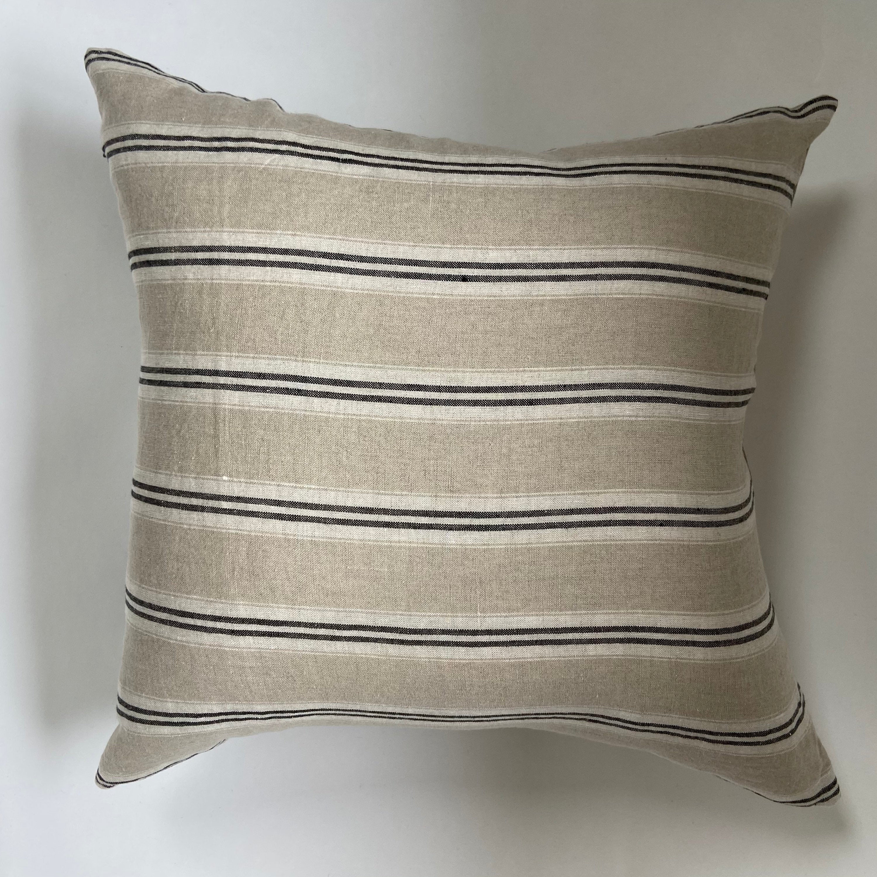 black white and Tan striped linen pillow cover exposed zipper-leather pull | 14x24 20x20 |high quality
